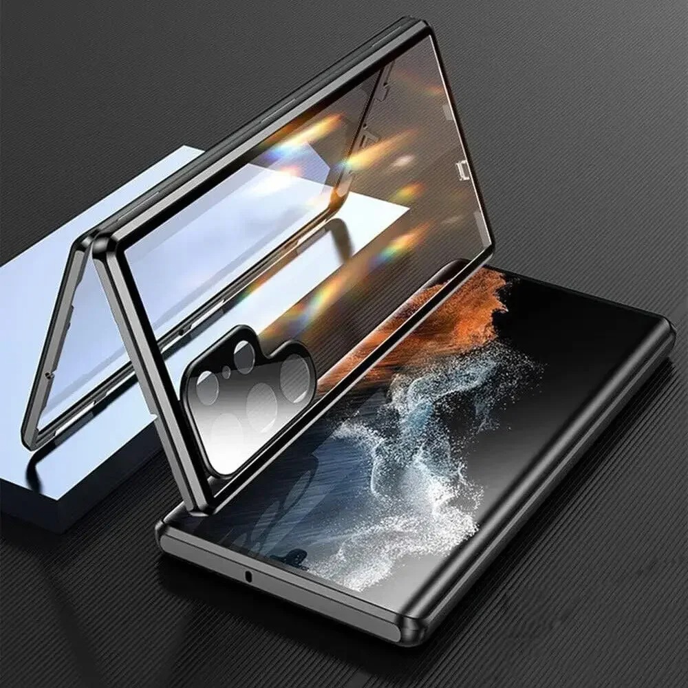 thumbnail video image 2 of Magnetic Case for Samsung Galaxy S23 Ultra,Magnetic Adsorption Shockproof Aluminum Bumper Double Sided Clear Tempered Glass with Lens Protector No Fingerprint Unlock Cover,Black, 2 of 9