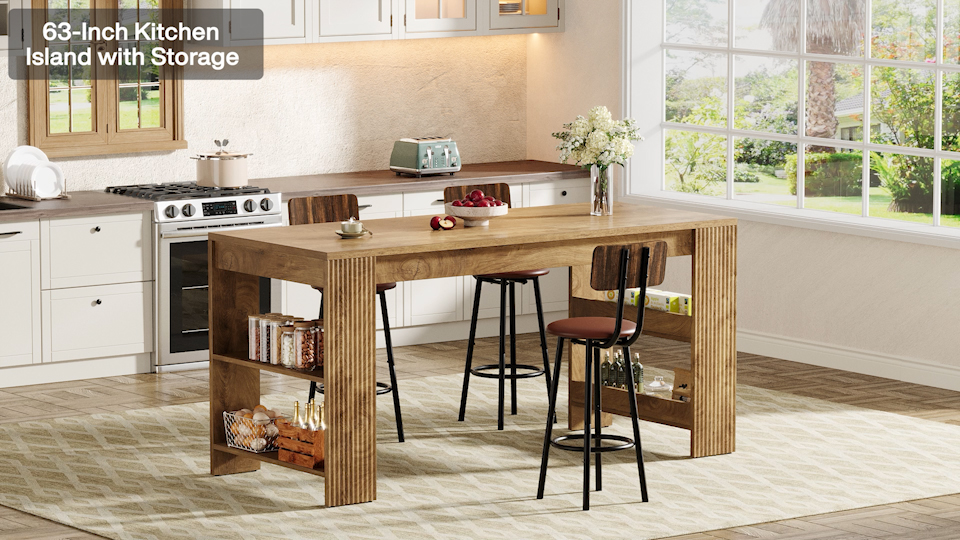 thumbnail video image 2 of Finmind 63-inch Kitchen Island with Storage, Large Stationary Island Table for Kitchen, Farmhouse Home Bar Unit for Kitchen, Light Brown, 2 of 10