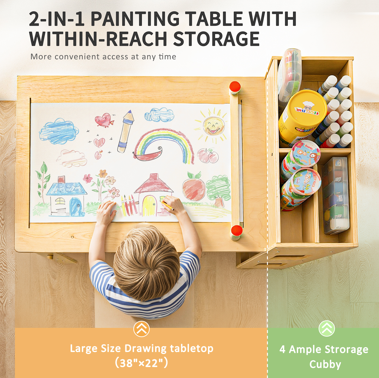 thumbnail video image 2 of Kids Desk and Chair, Toddler Play Activity Table with Storage Shelves, Wooden Art Desk for Drawing Playrooms Daycare Classroom, 2 of 8