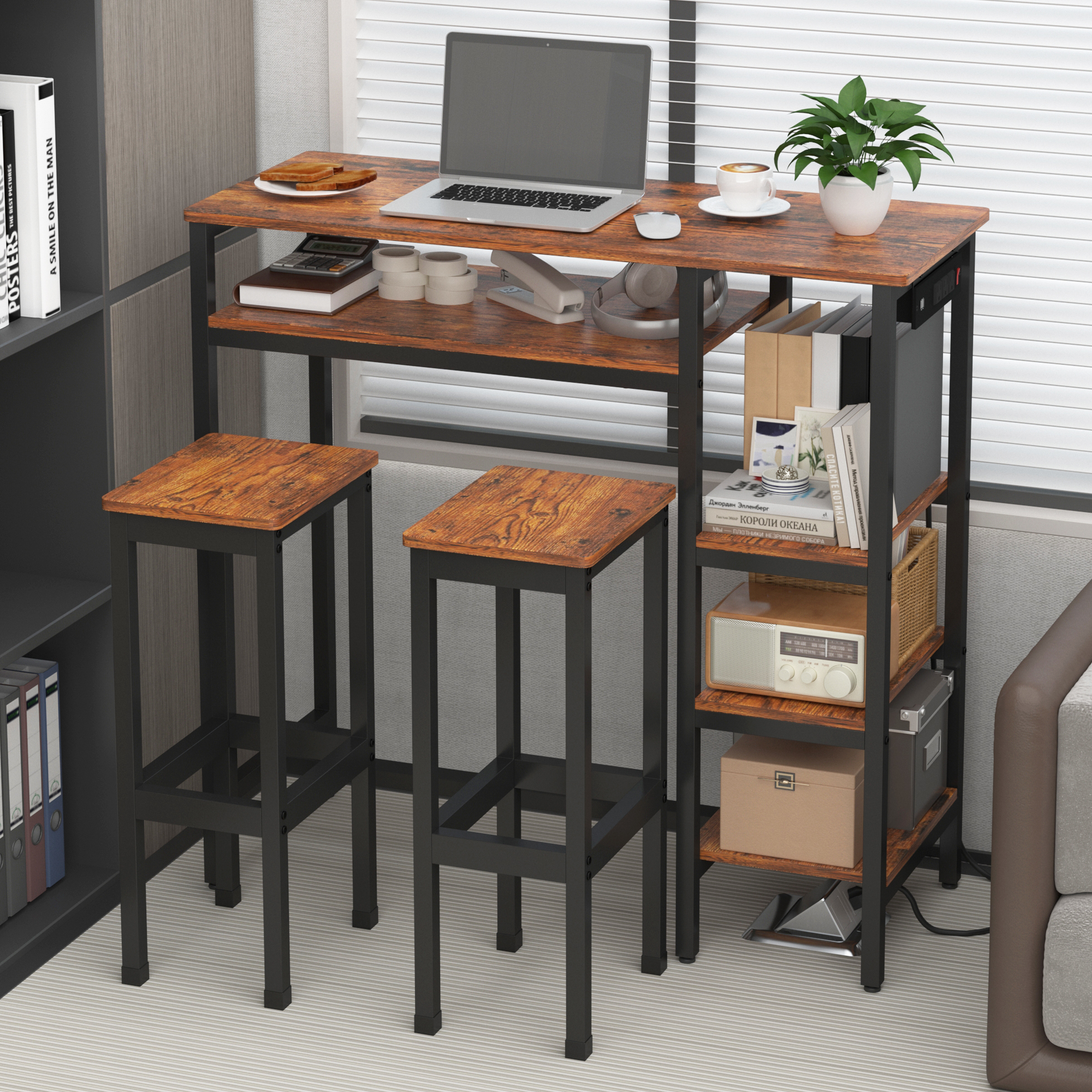 thumbnail video image 2 of Katalora Bar Table and Chairs Set for 2,3-Piece Dining Set with Power Ooulets,Industrial Bar Table Set with Storage Shelves, Kitchen Counter Height Table,Space Saving, 2 of 9