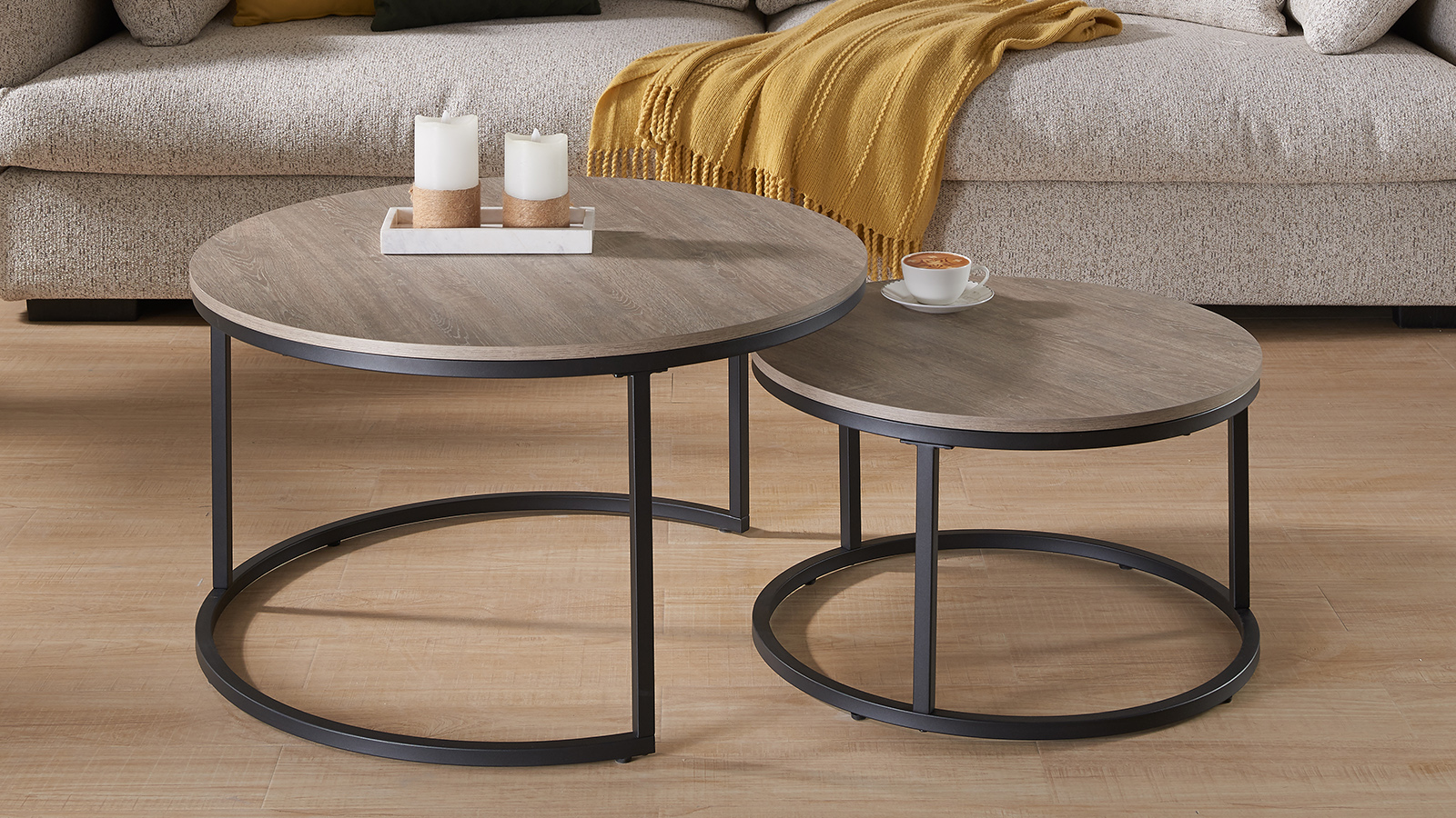 thumbnail video image 2 of CENSI Round Nesting Coffee Table Set of 2, 31.5" Modern Grey Wash Oak Wood & Metal Frame, Industrial Circle Stacking Accent Tables for Living Room, Rustic Farmhouse Decor, Easy Assembly, 2 of 9