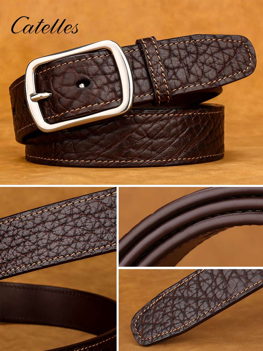 thumbnail video image 2 of Catelles Men's Premium Brown Leather Belt - Stainless Steel Pin Buckle, Durable and Stylish, Provided by Box, Fits Waist 44 In, Width 1.5 In (3.8 cm), 2 of 10