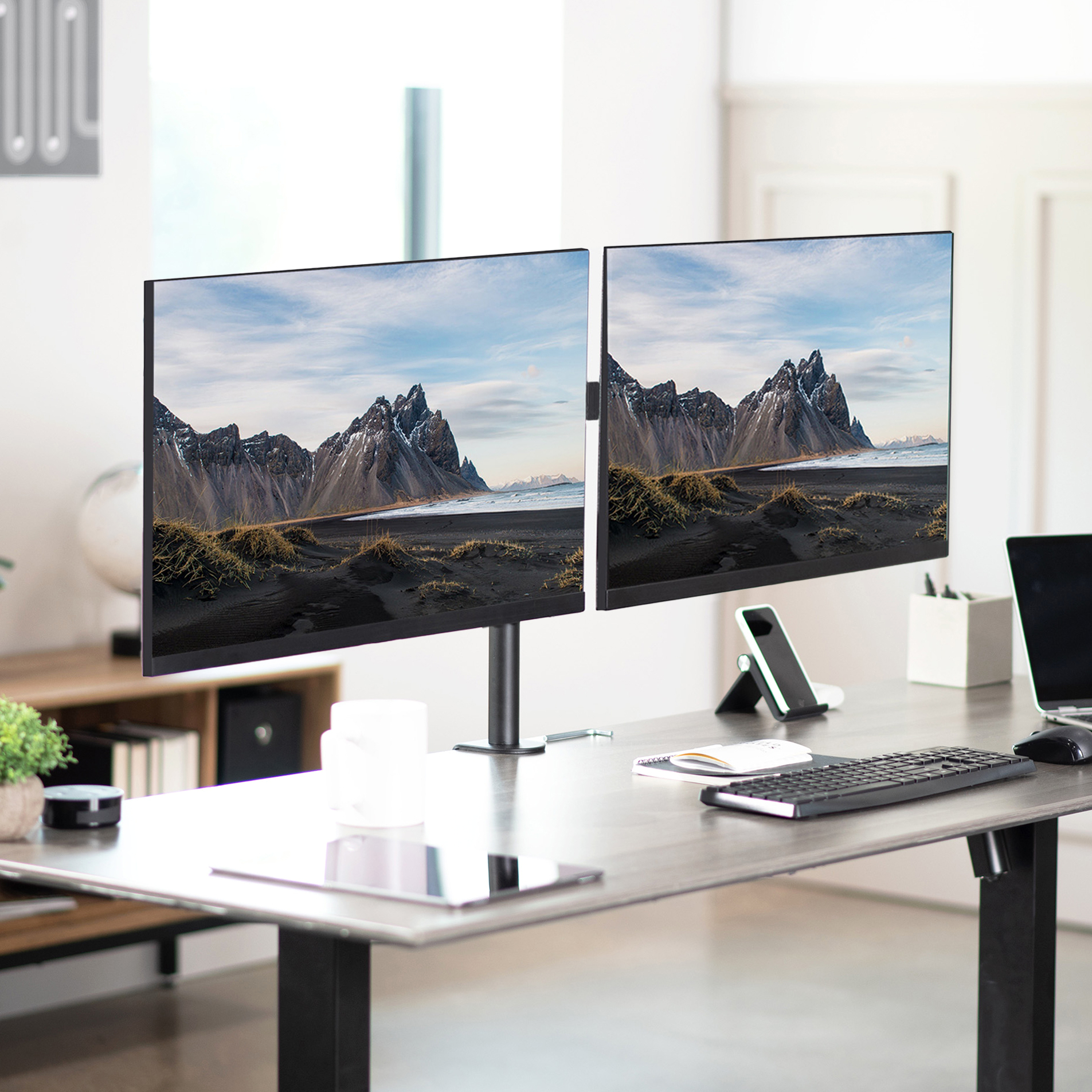 thumbnail video image 2 of VIVO White Dual Monitor Desk Mount Adjustable Stand, Fits Screens up to 32", 2 of 9