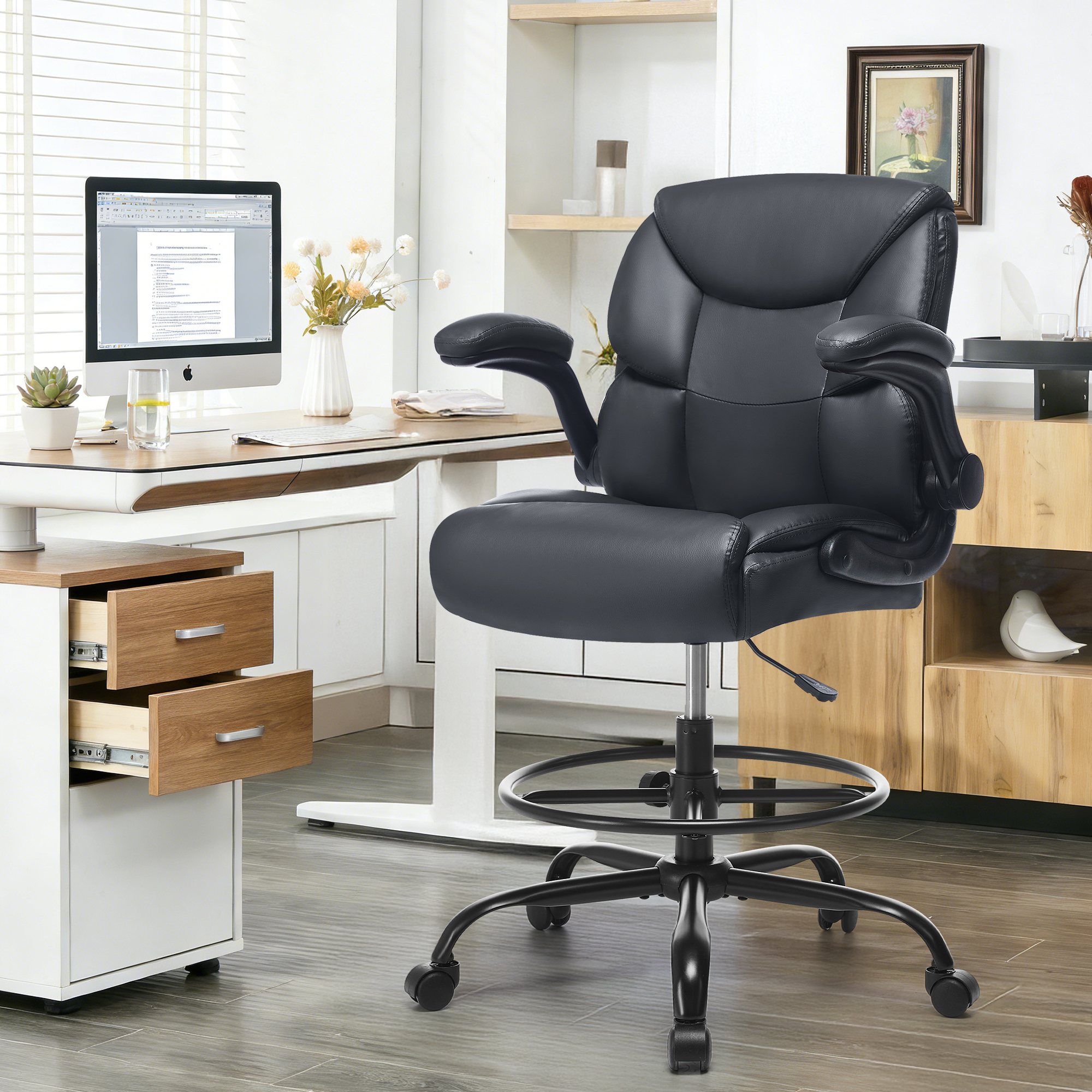 thumbnail video image 2 of JONPONY Tall Office Chair for Standing Desk, Ergonomic High Leather Executive Office Chair with Flip-up Armrest,and Adjustable Foot Ring for Counter Height Desk,Black, 2 of 13