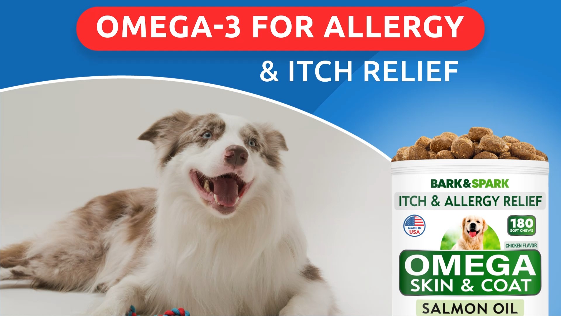 thumbnail video image 2 of BARK&SPARK Omega 3 for Dogs - 180 Fish Oil Treats for Dog Shedding, Skin Allergy, Itch Relief, Hot Spots Treatment - Joint Health - Skin and Coat Supplement - EPA & DHA Fatty Acids - Salmon Oil, 2 of 9