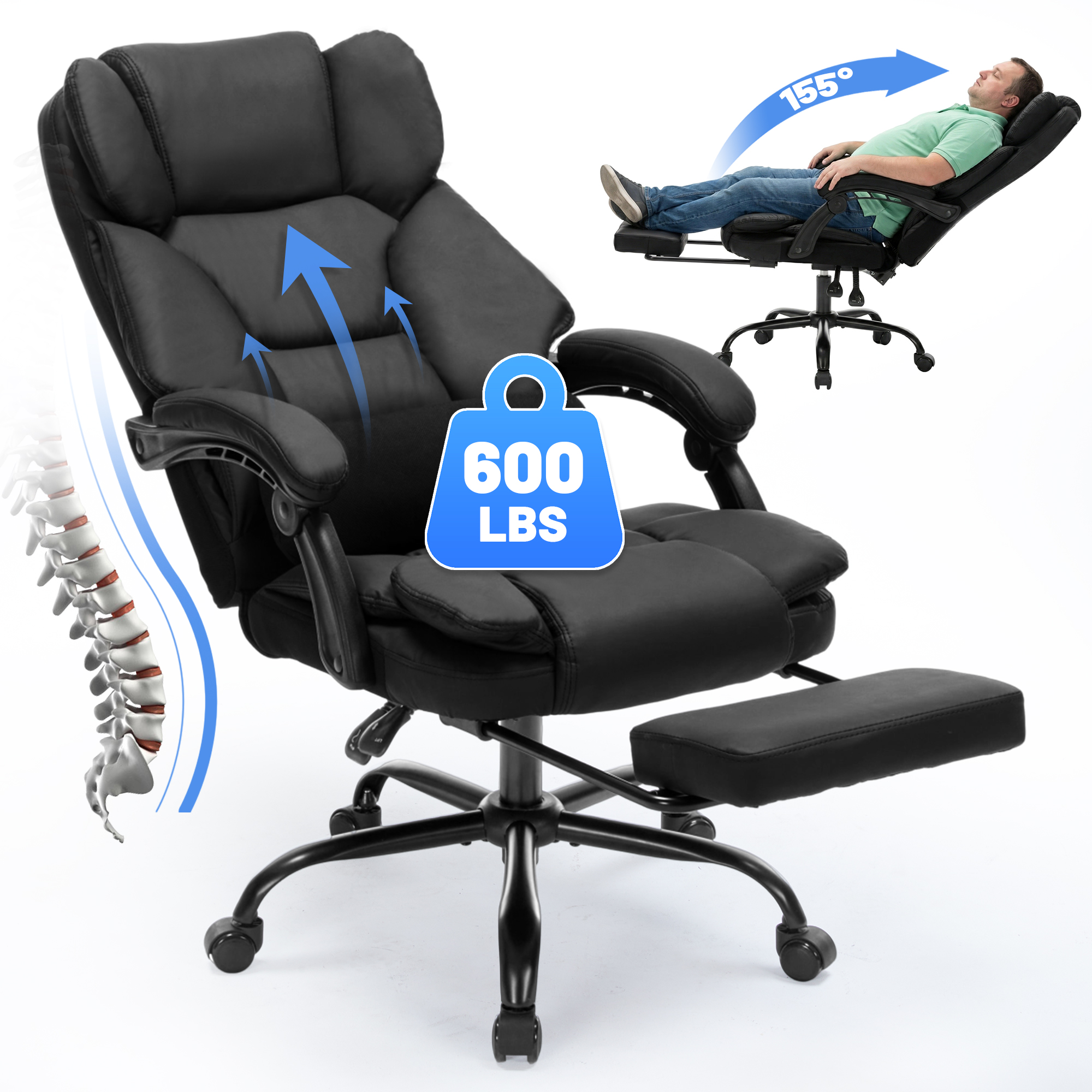 thumbnail video image 2 of Qusaphy 600lbs Big and Tall PU Leather Executive Office Chair, Reclining Backrest up to 155°, Spring Cushion Seat, Lumbar Support & Adjustable Armrests for Home Office or Conference Room, 2 of 10