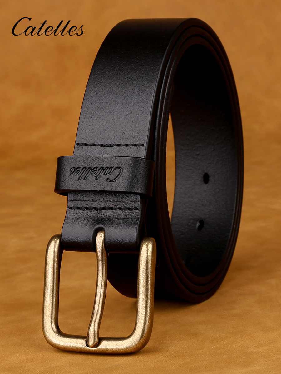 thumbnail video image 2 of Catelles Men's Genuine Leather Black Belt, Vintage Brass Buckle , Gift Box Packaging, Durable and Versatile Sports Belt & For waist 42 Width 1.38in (3.5cm), 2 of 9