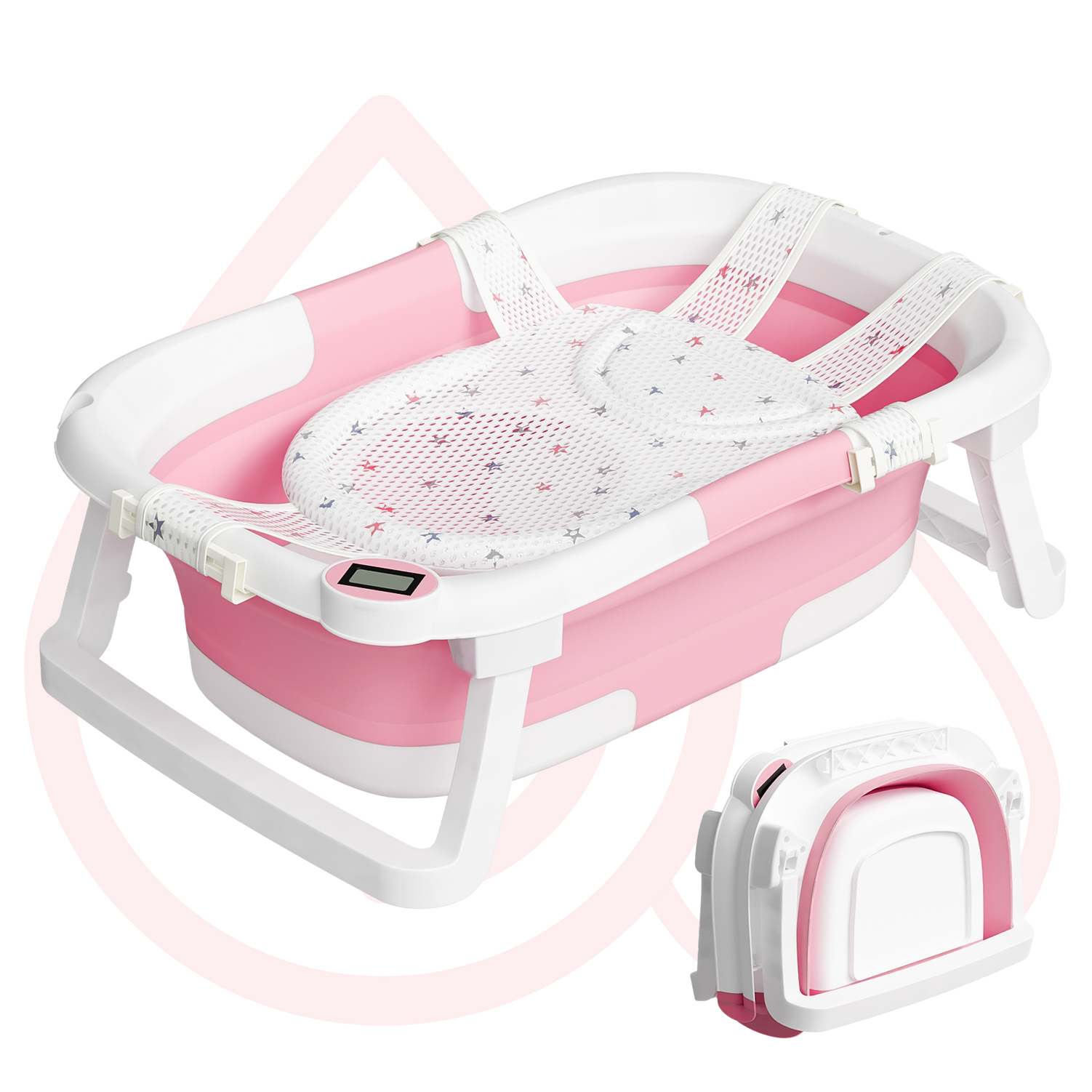 thumbnail video image 2 of Aprpink Foldable Baby Bathtub PP+TPE with Soft Bath Net&Thermometer for 0-36 Months Toddler Dark Pink, 2 of 8