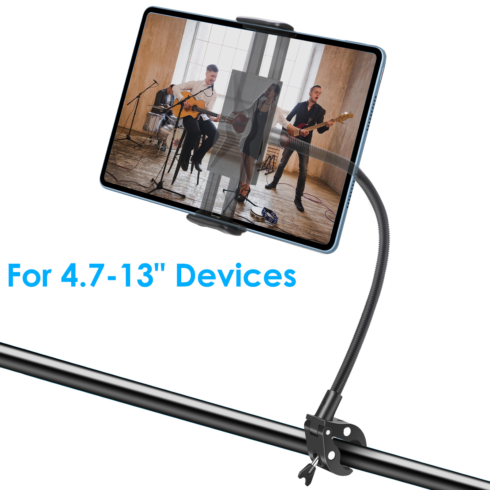 thumbnail video image 2 of EEEkit Flexible Gooseneck Tablet Phone Holder, Clamp Mount for Bike, Peloton, Treadmill, Compatible with 4-13" iPad, iPhone, 2 of 9