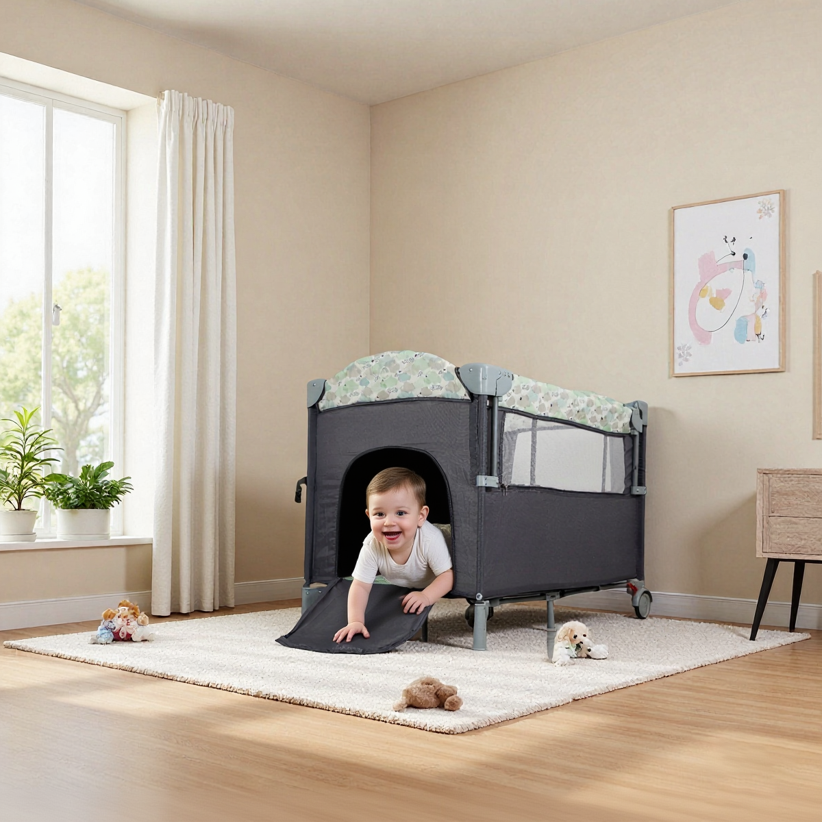 thumbnail video image 2 of Pack and Play with Bassinet 4-in-1 Baby Playard with Changing Table Wheels Music Box,Foldable Playard for Baby Toddler, 2 of 16