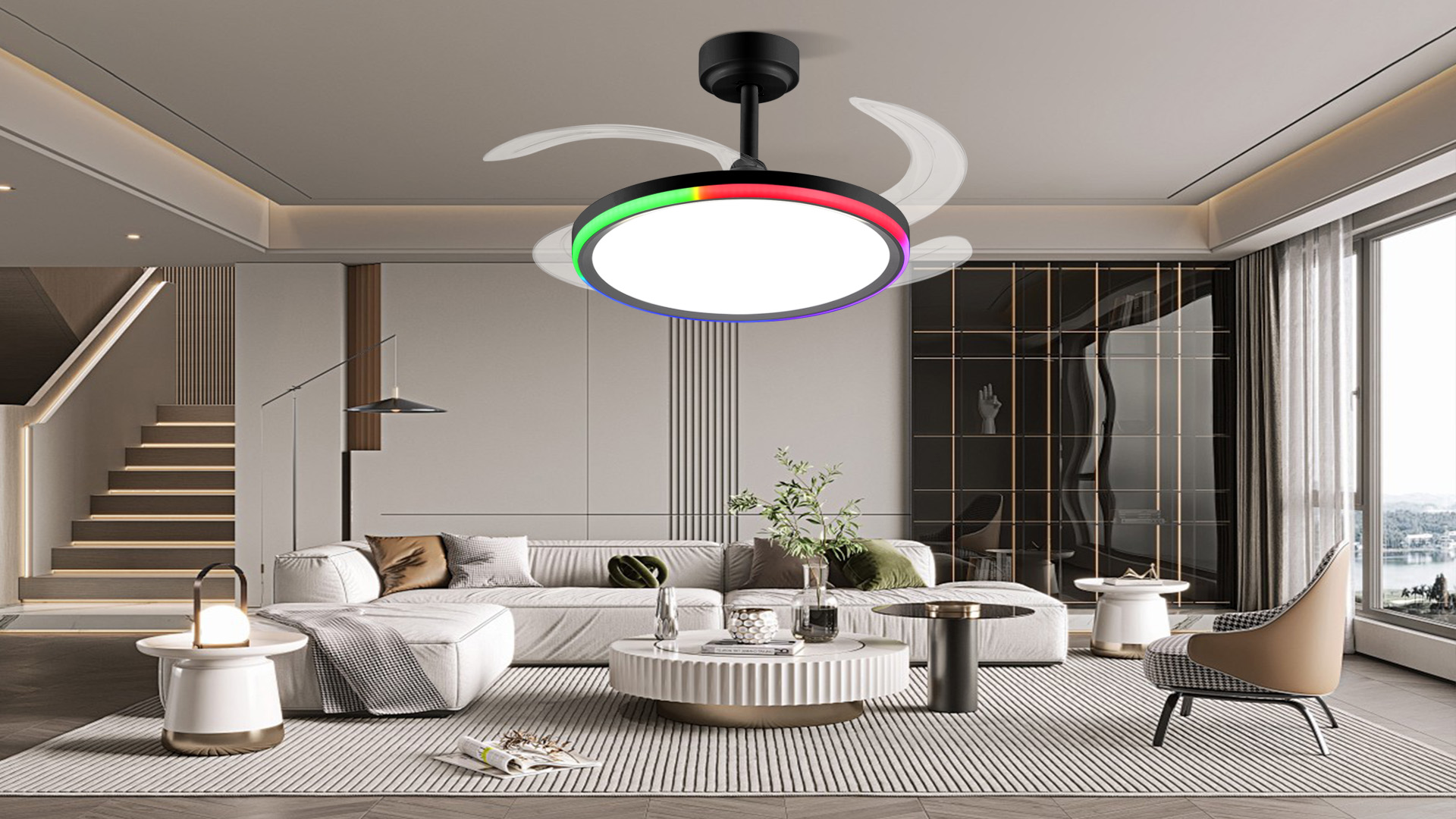 thumbnail video image 2 of BAYSQUIRREL 42in Slim Retractable Ceiling Fan with RGB Light, Bluetooth Speaker, APP/Remote Control, 6-Speed Reversible, Dimmable Full Spectrum & Memory, 2 of 10