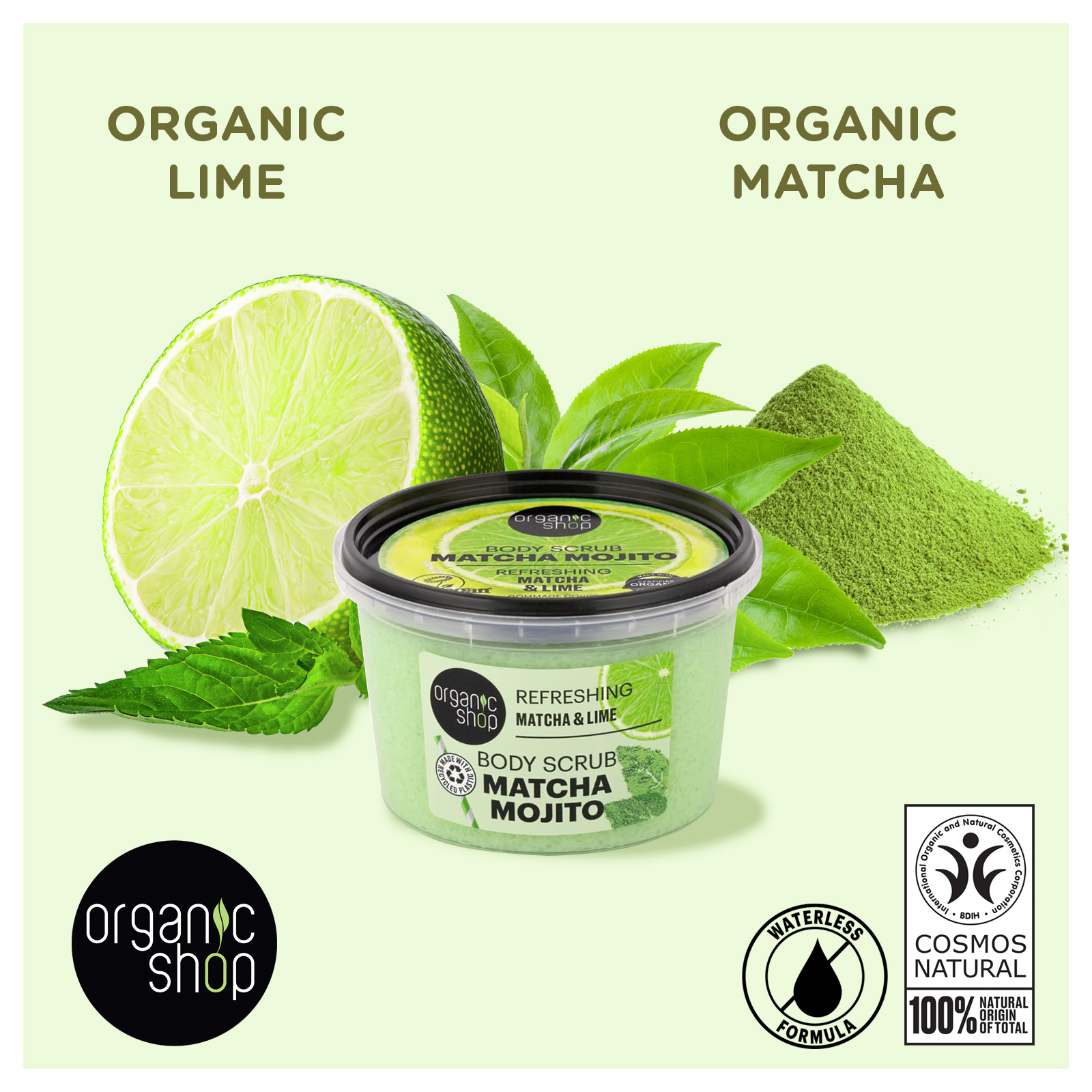 thumbnail video image 2 of Organic Shop Matcha & Lime, Refreshing & Exfoliating Body Scrub, 100% Vegan & Organic, Daily Exfoliant, Detox & Moisturizer, Body, Face, Hand & Foot, Intensive Care & Skin Toning. 250ml., 2 of 9
