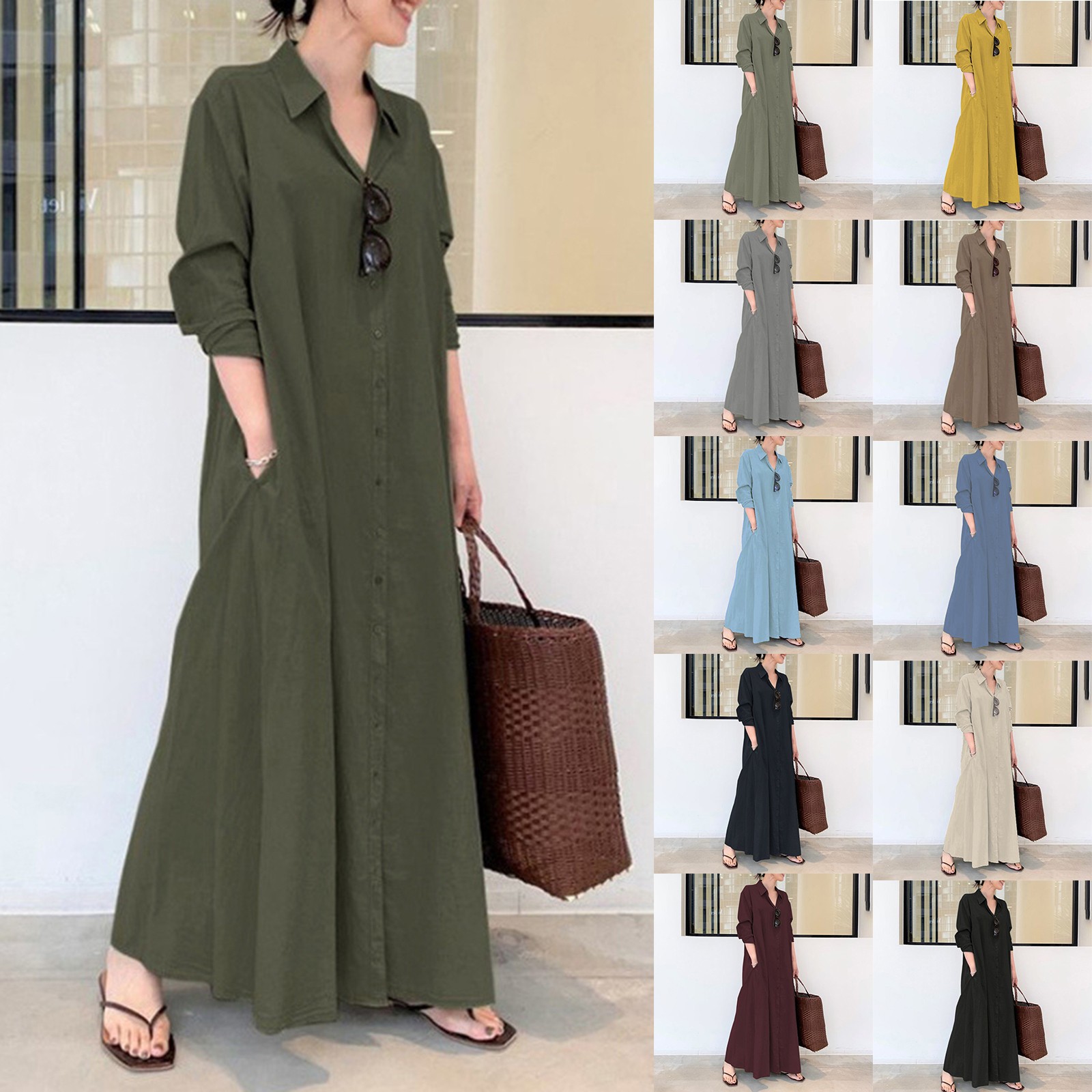 thumbnail video image 2 of IDALL Maxi Dresses,Casual Dresses Women's Casual Button Down Cotton Linen Long Shirt Dress With Pockets Long Sleeve Dress,Long Dresses,Womens Dresses Black Dress XL, 2 of 5