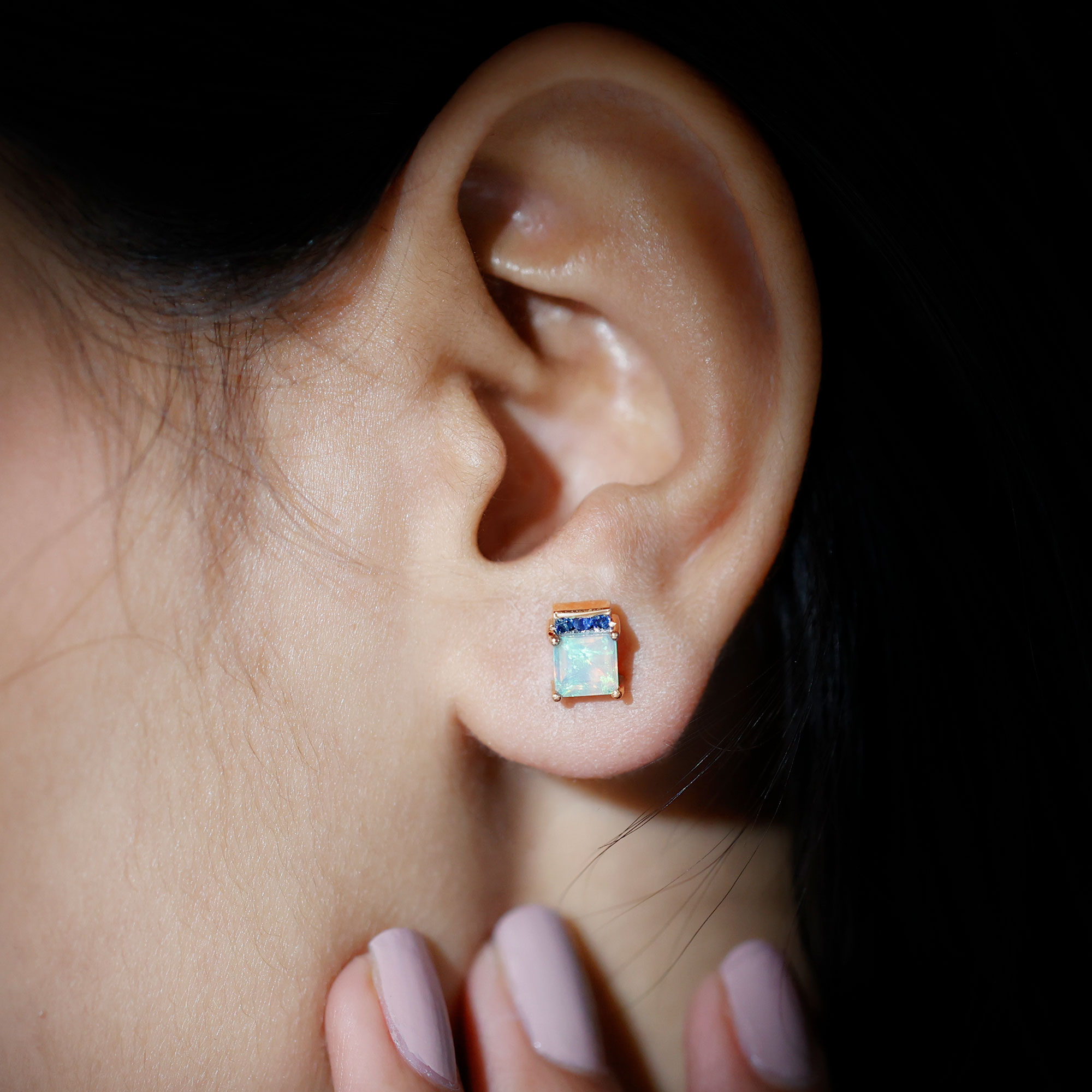 thumbnail video image 2 of Rosec Jewels Minimal Stud Earrings with Ethiopian Opal and Blue Sapphire for Women - AAA Grade, 14K White Gold, 2 of 8