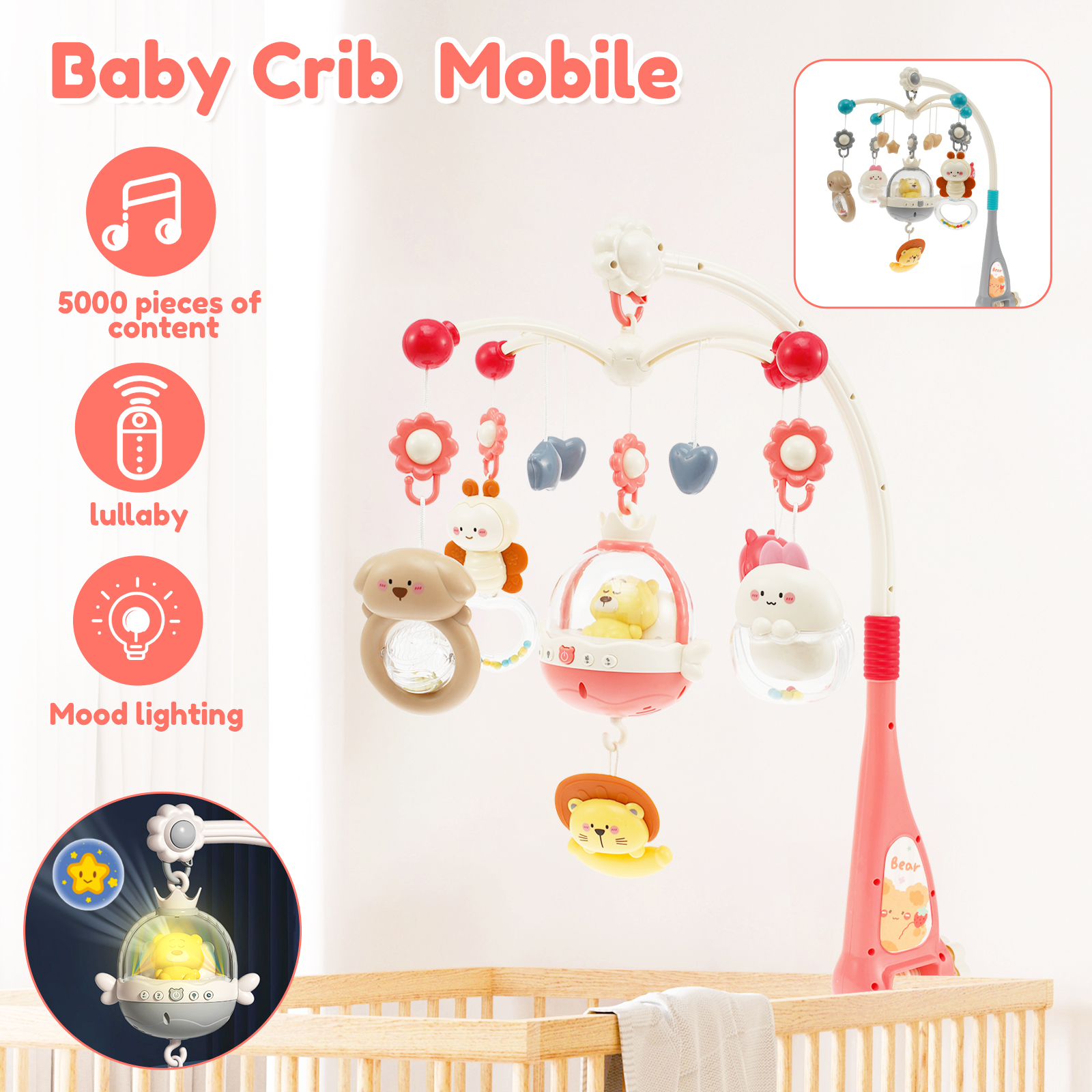 thumbnail video image 2 of Keyohome Baby Crib Mobile Toys,Mobile for Crib,Hanging Mobile Arm with Music and Night Light for Baby Nursery Room,Unisex,Pink,20.87" x 22.45", 2 of 10