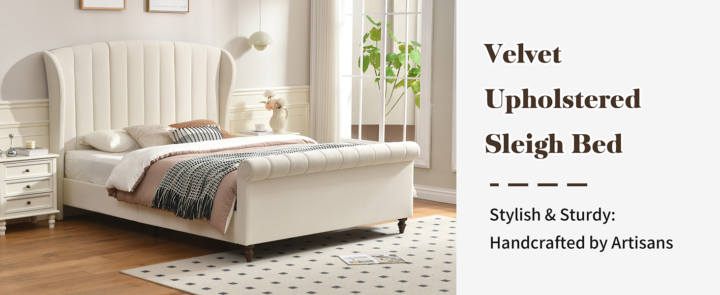 thumbnail video image 2 of Zanmintaobo Queen Sleigh Bed Frame,54"H Scroll Wingback Headboard,Velvet Upholstery,Wooden Slats,Noise-Free,No Box Spring Needed,Easy Assembly,Cream, 2 of 11