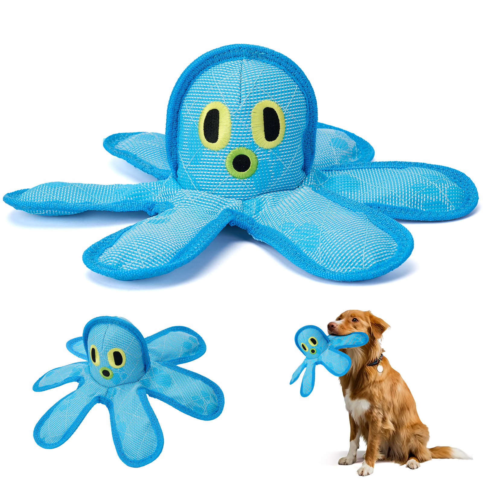 thumbnail video image 2 of BRONZY Octopus Shark Dog Toy for Aggressive Chewers - Interactive Squeaky Chew Toy Yellow, 2 of 7
