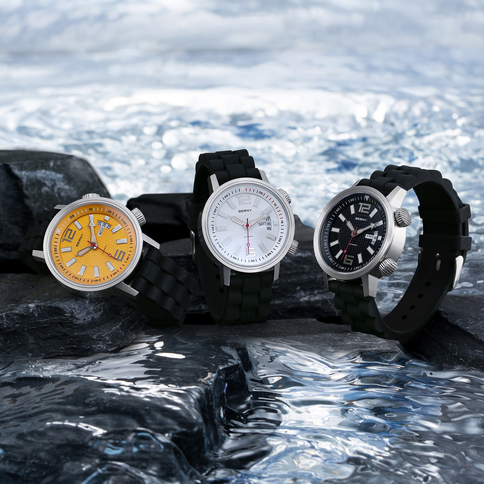 thumbnail video image 2 of BERNY Automatic Dive Watches for Men, Sport 200M Waterproof Analog Mechanical Watch with Day & Date, Super Luminous, Silicone Strap, Stainless Steel, Sapphire Crystal, Men's Pro Diver Watch (Yellow), 2 of 16