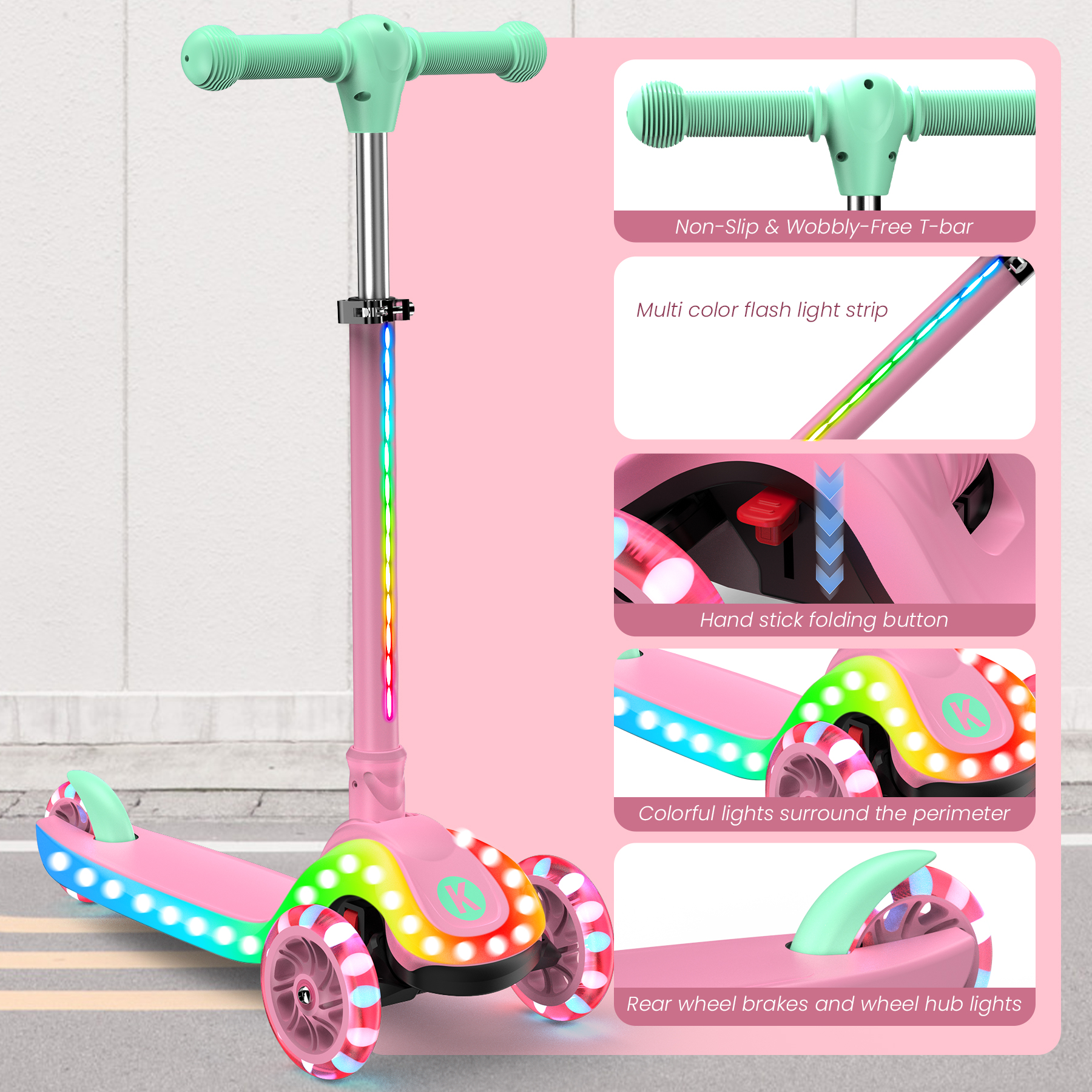 thumbnail video image 2 of Kidscoter 3 Wheel with LED Lights,Adjustable Height Foldable Scooter for Boys Girls Ages 3-12,Light-Up Handlebars & Deck,130lbs Weight Limit, Gift for Toddlers,Pink, 2 of 10