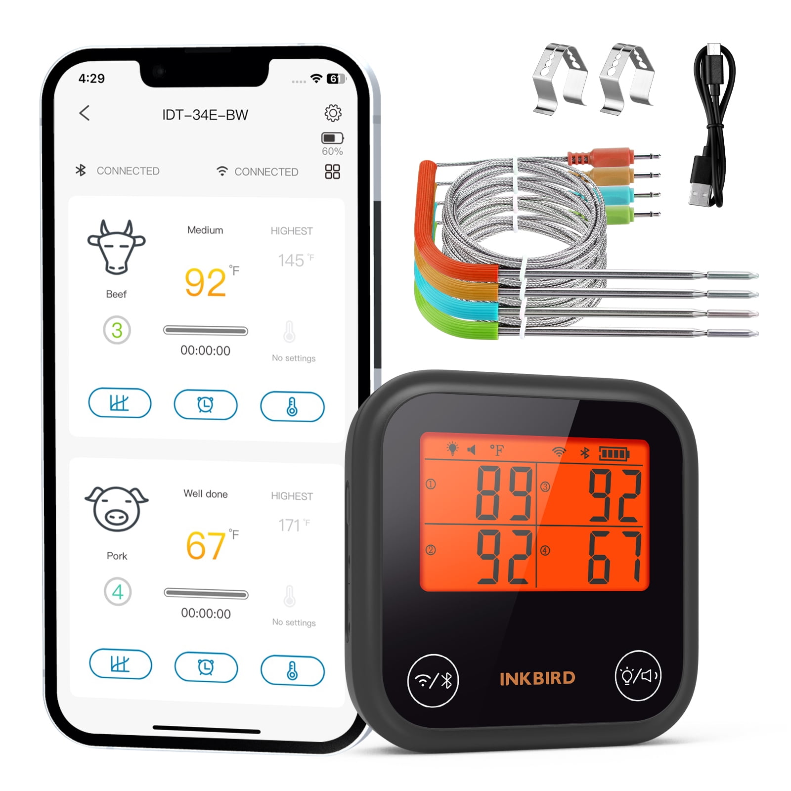 thumbnail video image 2 of Inkbird WiFi&Bluetooth Meat Thermometer,4 Colored Probes Wireless BBQ GrillingThermometers for Barbecue ,Smoker,Oven | APP Calibration Temp Graph | Mobile Notification Timer Alarm, 2 of 11