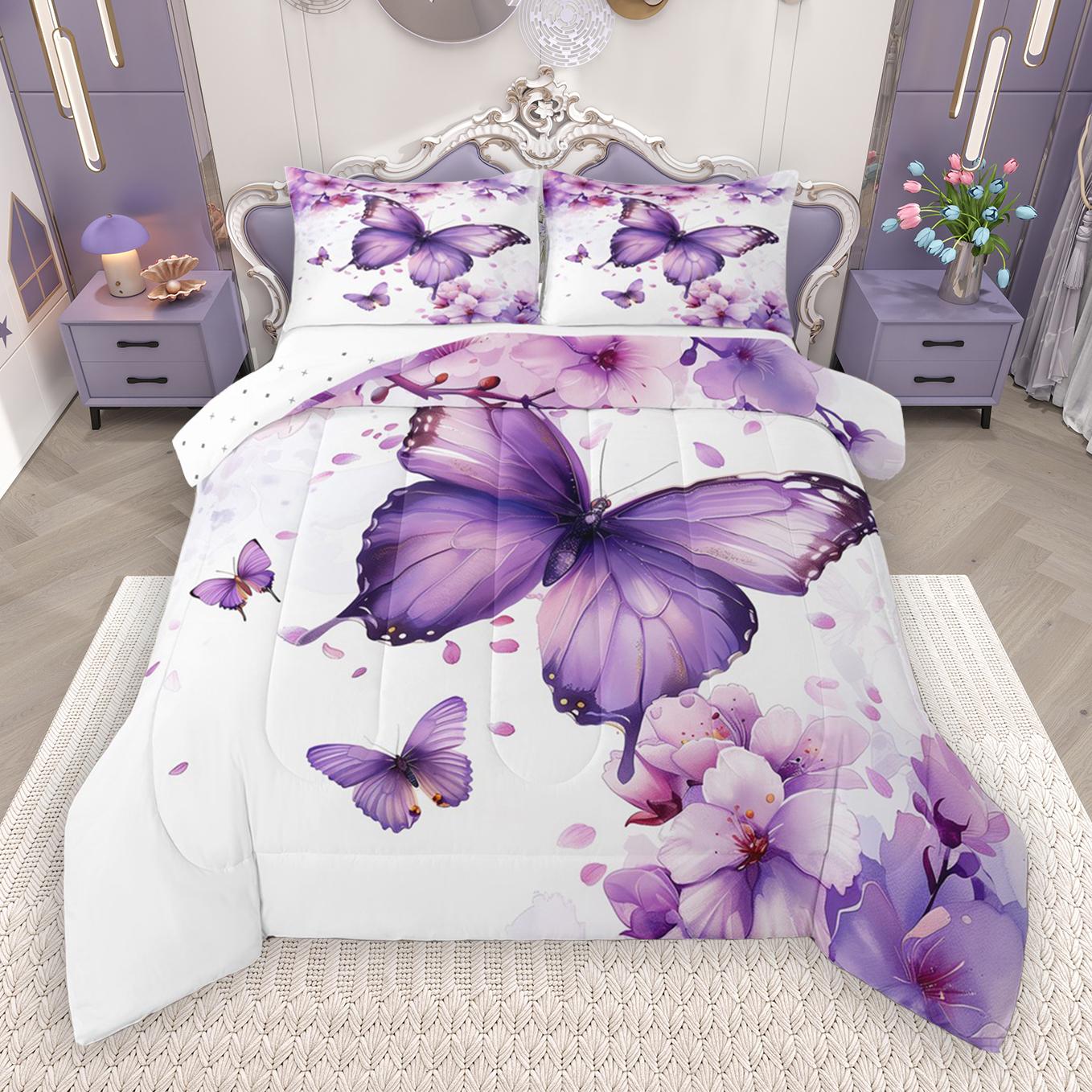 thumbnail video image 2 of Manfei Vintage Butterflies Full Size Comforter Sets,Dreamy Theme Bedding Comforter Set,Purple Light Purple Bedding Sets For Girls,Ultra Soft Home Decor Reversible,3 Pieces, 2 of 9