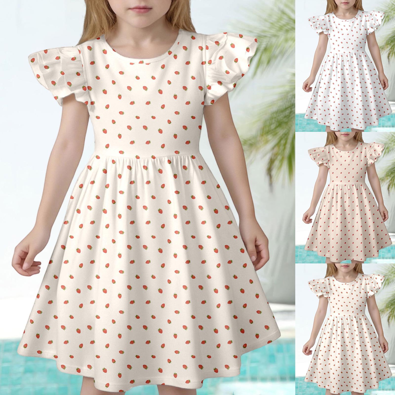 thumbnail video image 2 of WMQPNNS Girls Dresses Summer Ruffle Sleeve Floral Dresses Smocked Flowy A-Line Cotton for Girl Casual Boho Dress for Age 5-6 Years, Beige, 2 of 5
