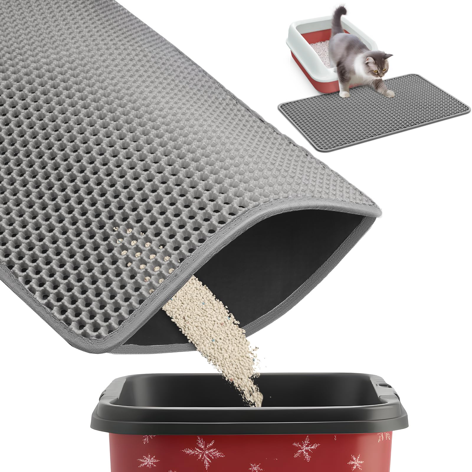 thumbnail video image 2 of 23" x 35" Cat Litter Mat - Ultra-Large Litter Box Mat with Double Layers, Urine-Proof and Non-Slip Litter Trapping Mat, Easy to Clean Kitty Litter Mats for Floor, Scatter Control, Grey, 2 of 9
