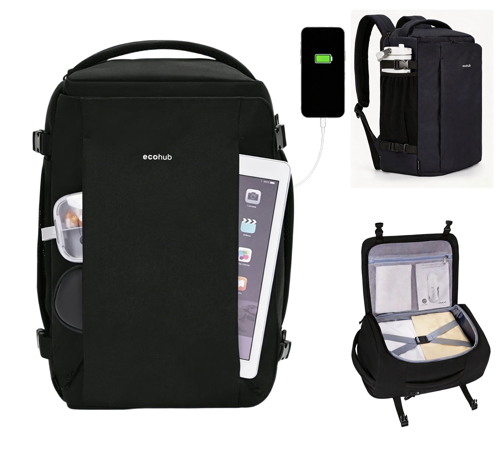 thumbnail video image 1 of WANDF ECOHUB® Large Travel Backpack for Women Men,30L Carry On Personal Item Backpack 18x14x8 | 17.3 Inch Laptop Backpack  with USB Charging Port, Water Resistant Business Backpack(Cyan), 1 of 1