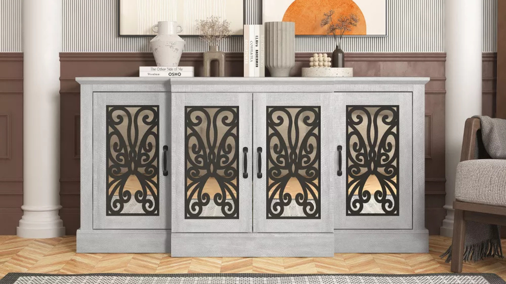 thumbnail video image 2 of Galano Calidia 4-Door Wide Accent Sideboard / Buffet – Dusty Grey Oak, Adjustable Shelves, 2 of 13