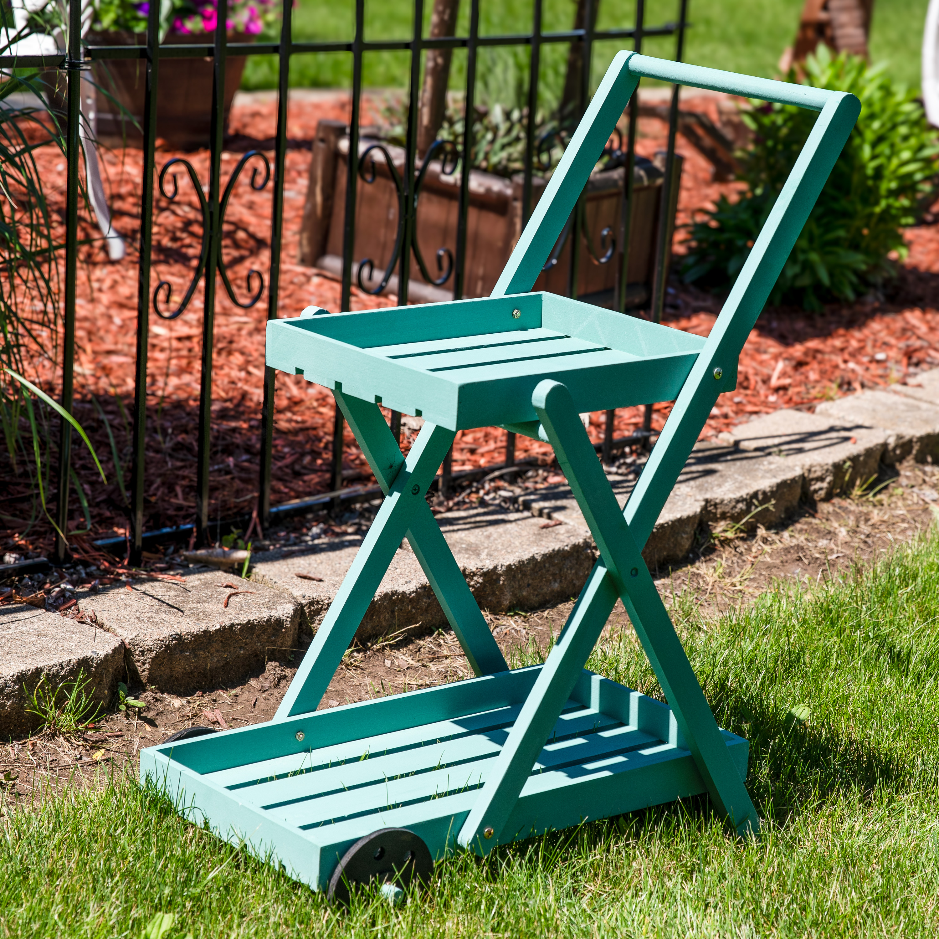 thumbnail video image 2 of Sunnydaze 34" H 2-Tier Blue Fir Wood Wheeled Plant Stand Cart, 2 of 14