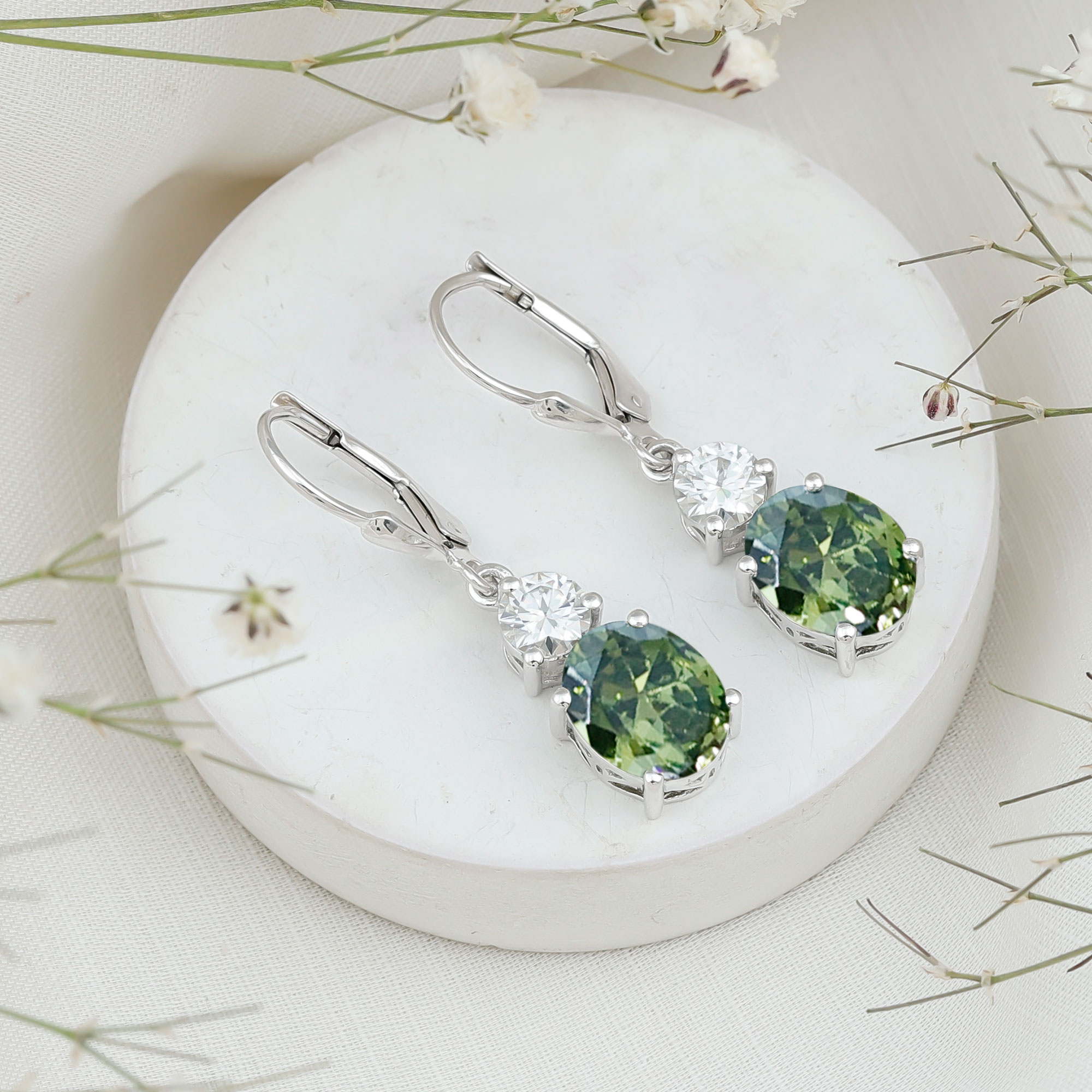 thumbnail video image 2 of Green Sapphire Drop Earrings with Moissanite, 8X10 mm Oval Lab Grown Sapphire AAAA Grade, 18K White Gold, 2 of 8