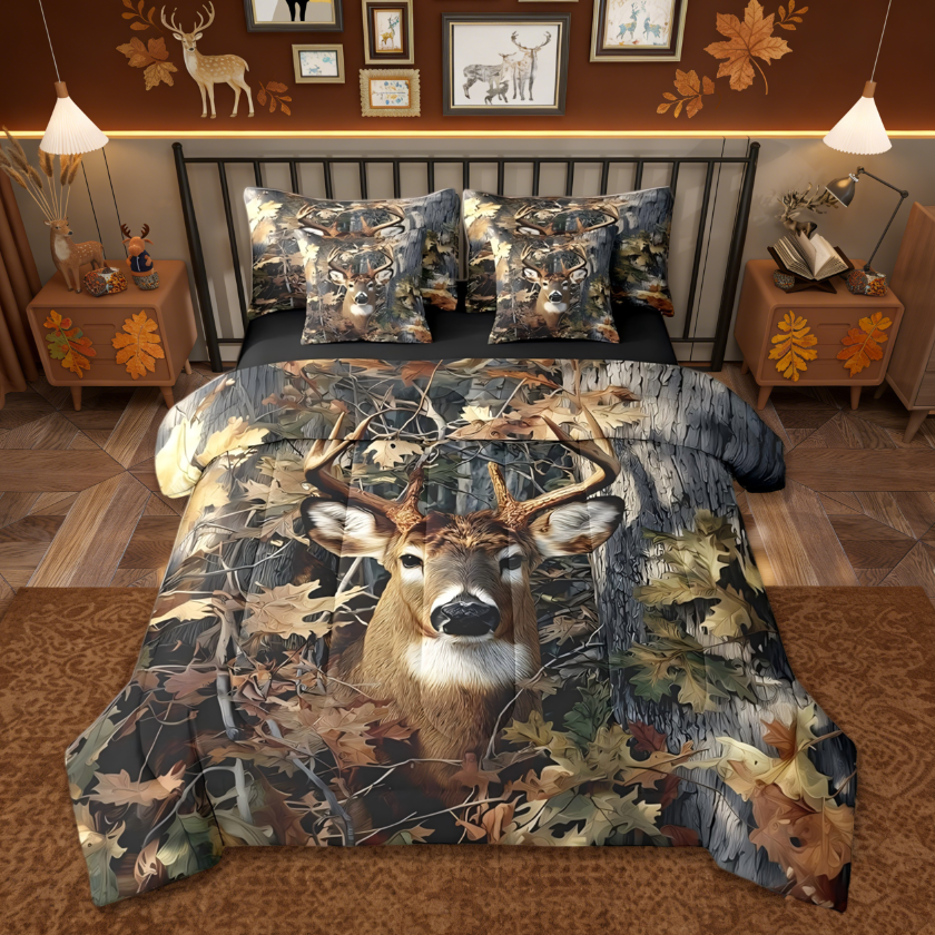 thumbnail video image 2 of Manfei Hunting Deer 7-Piece Bedding Comforter Set For Men,Camo Animal Rustic King Bedding Sets Reversible, 2 of 9