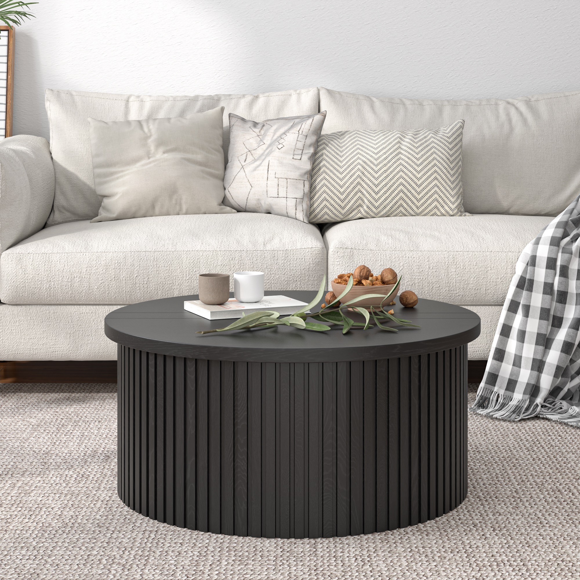 thumbnail video image 2 of Round Lift Top Coffee Table with Storage Farmhouse Center Table with Hidden Compartment Circle Sofa Table for Living Room Black, 2 of 8