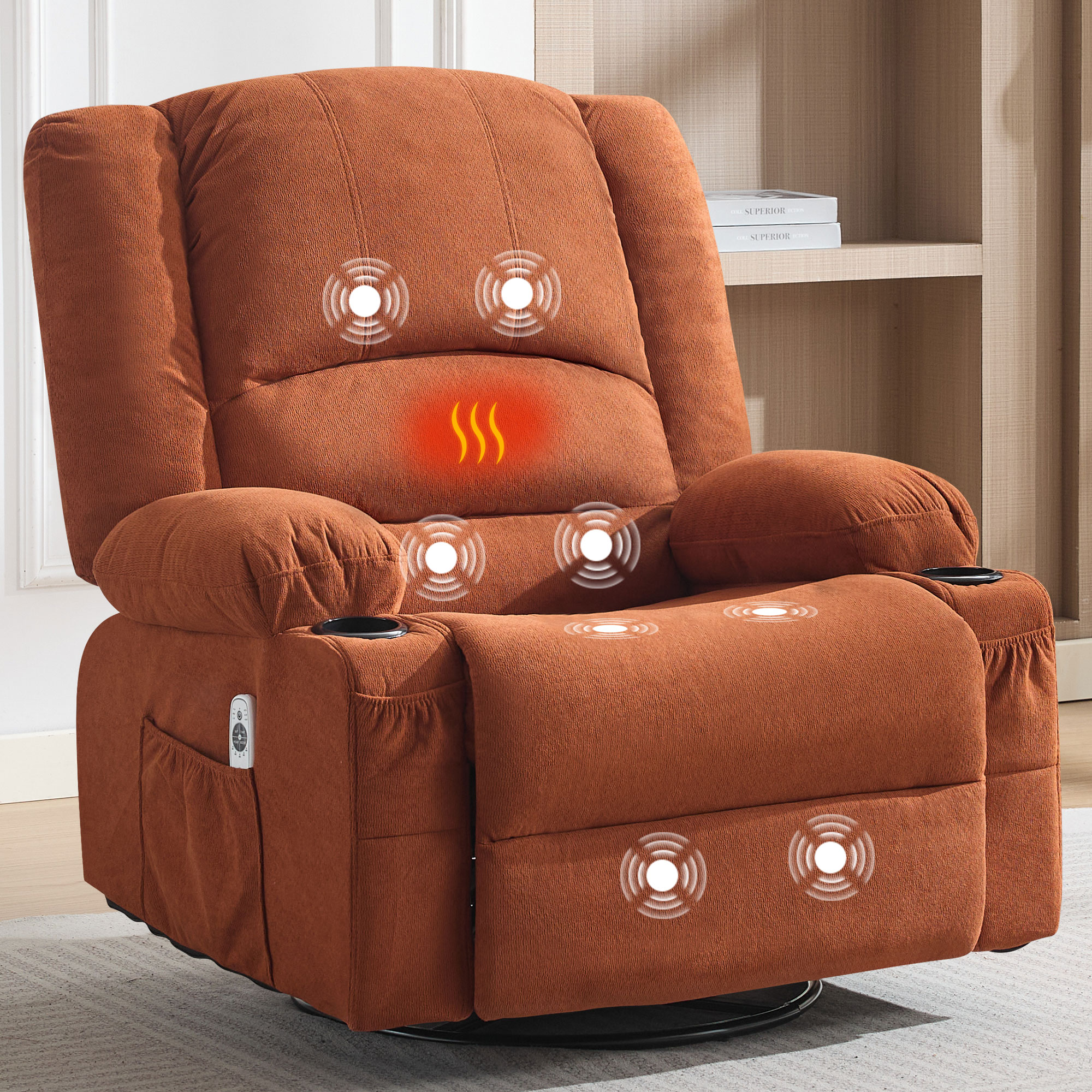 thumbnail video image 2 of JONPONY Heated Manual Massage Recliner with 360° Swivel Rocker, Comfy Single Sofa with Side Pockets and Cup Holders for Living Room, Bedroom, and Home Theater, Brown, 2 of 10