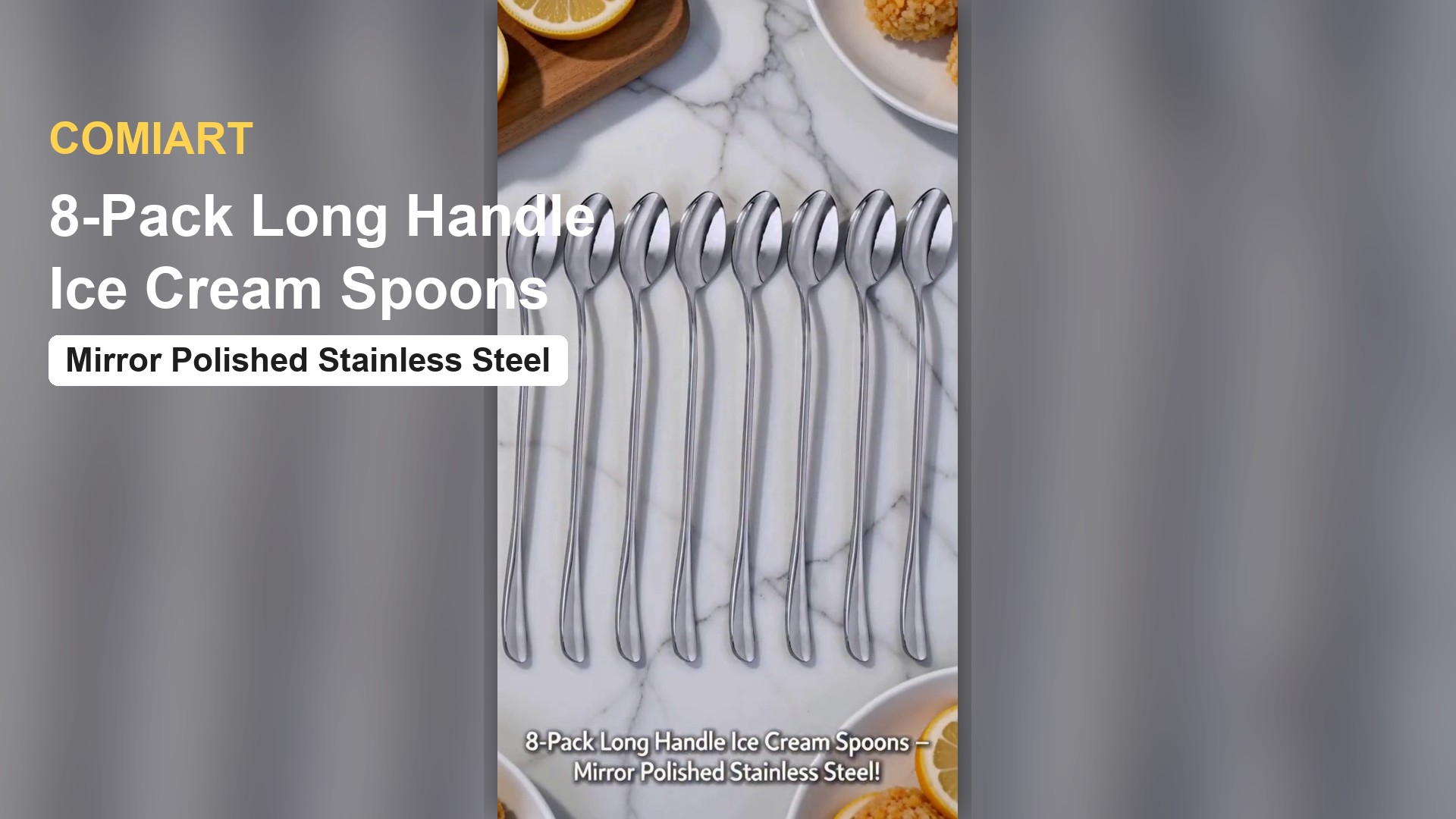 thumbnail video image 2 of 8pcs Long Handle Ice Cream Spoons, COMIART Stainless Steel Flat Head Design for Mixing & Serving, Mirror Finish, 2 of 11