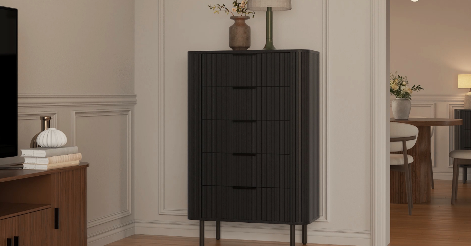 thumbnail video image 2 of Onbrill Fluted Dresser for Bedroom, Tall Dresser with 5 Drawers, Chest Mid Century Modern Tall Dressers with Curved Profile Design for Closet, Living Room, Hallway,Easy to Assemble,Walnut, 2 of 11