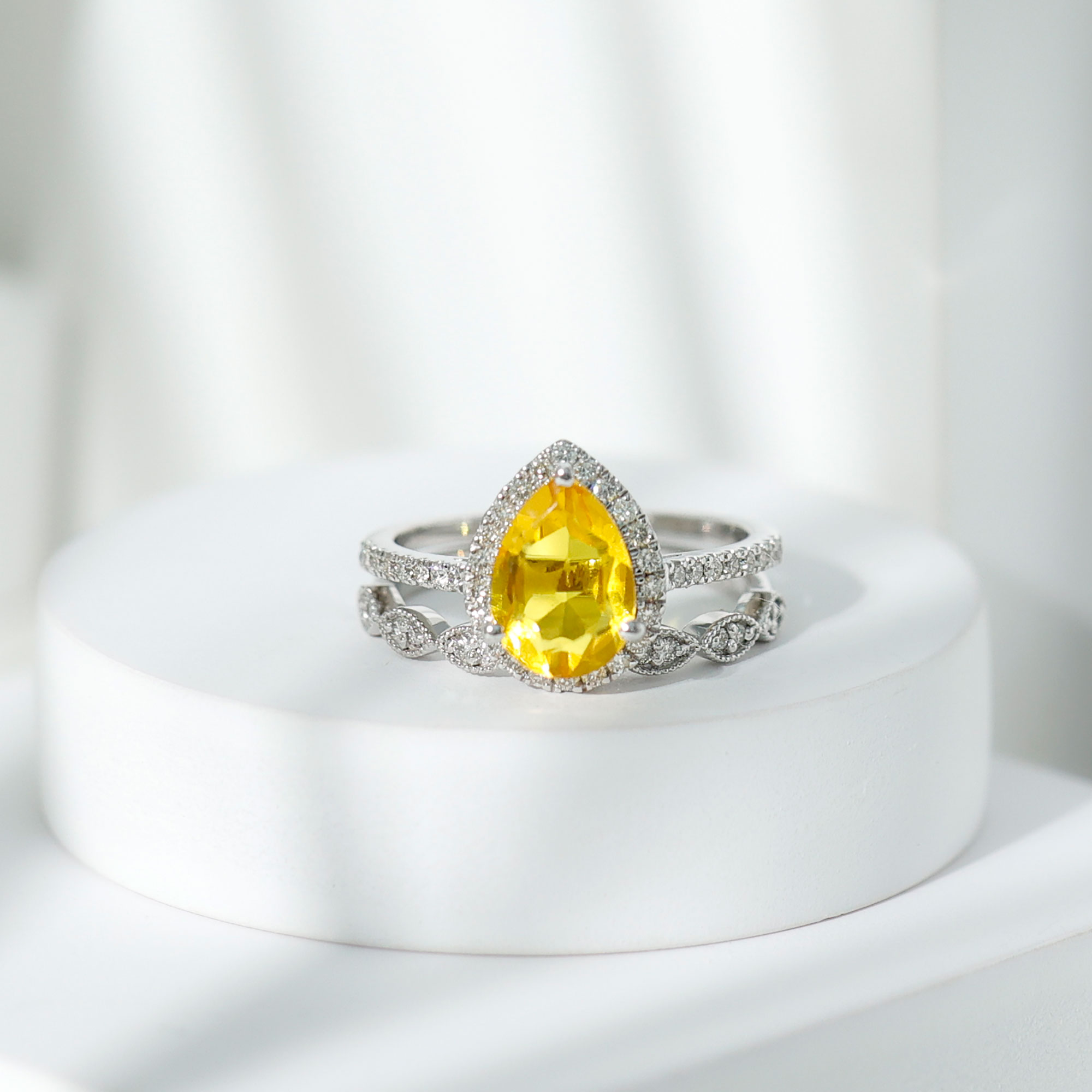 thumbnail video image 2 of Rosec Jewels Lab Grown Yellow Sapphire Ring Set with Diamond, Teardrop Ring with Enhancer, 14K White Gold, US 11.00, 2 of 9