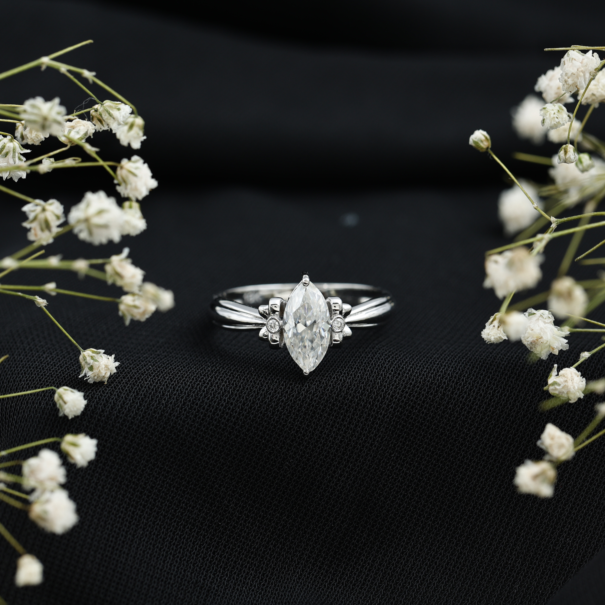 thumbnail video image 2 of Rosec Jewels Moissanite Marquise Engagement Ring 1 Carat (5X10 mm, D-VS1 Quality) - Bow Tie Ring - Ready to Gift, 10K White Gold, US 10.00, 2 of 9