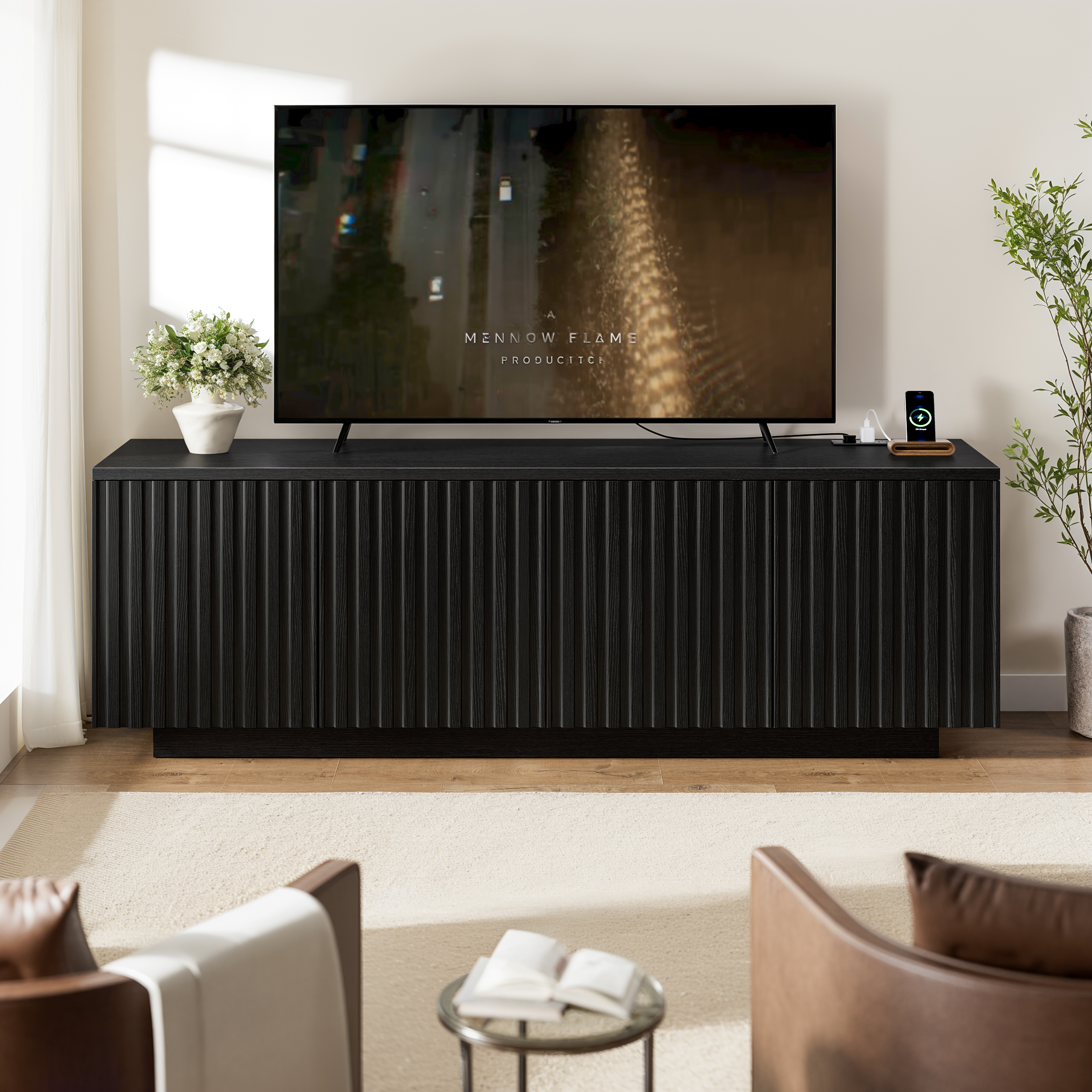 thumbnail video image 2 of GUNAITO Fluted TV Stand for TVs up to 70", Home Entertainment Center with Storage for Living Room, Black, 2 of 12