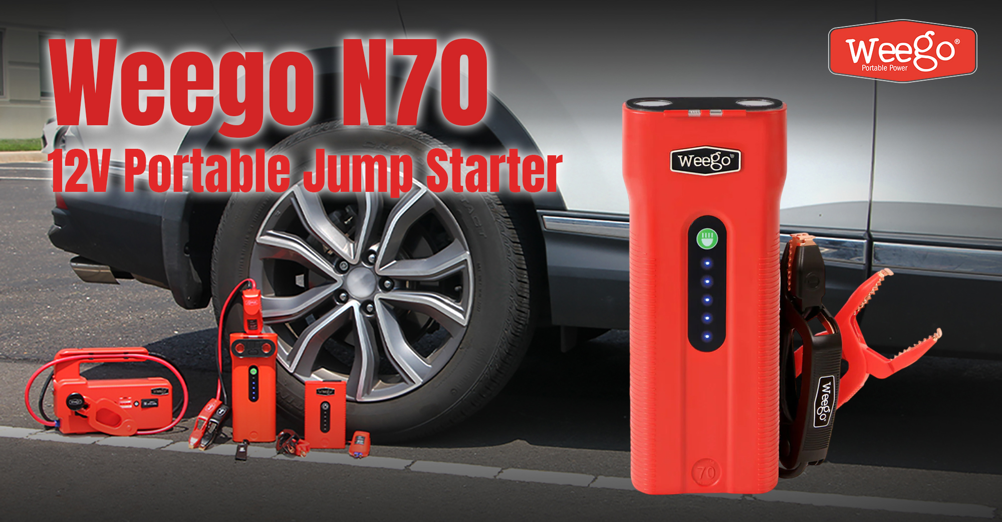 thumbnail video image 2 of Weego 70 Portable 12V Lithium Jump Starter, 2500 Peak Amp, 700A Cranking, USB Fast Charging, 2 of 7