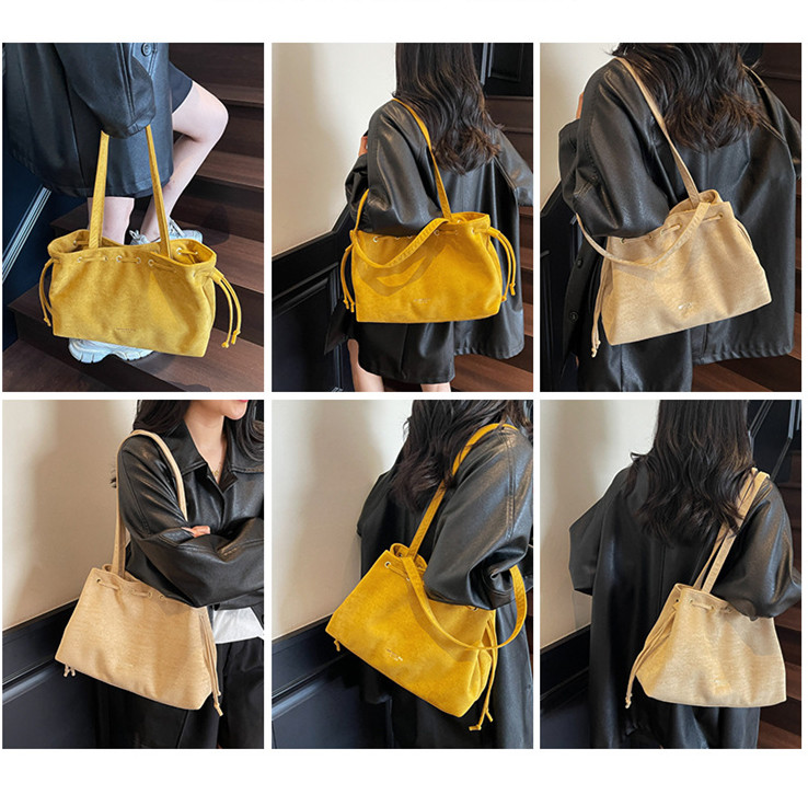thumbnail video image 2 of Suede Shoulder Bag Vintage Drawstring Medium Handbag Slouchy Purse, 2 of 7