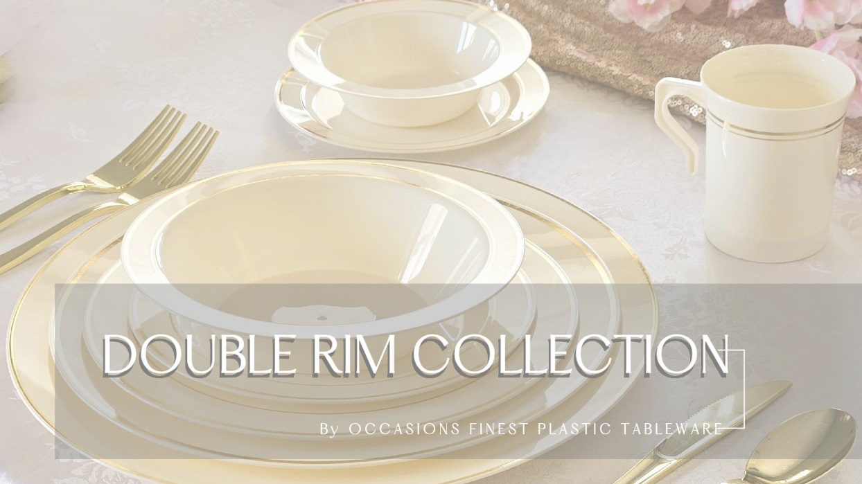thumbnail video image 2 of " OCCASIONS " 50 Plates Pack (25 Guests)-Heavyweight Wedding Party Disposable Plastic Plate Set -25 x 10.5'' Dinner + 25 x 7.5'' Salad/Dessert plates (Ivory & Gold Rim), 2 of 13