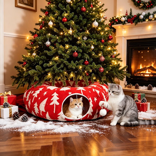 Kuokaa Cat Tunnel Christmas Tree Skirt, Green Snowflake Pattern ...