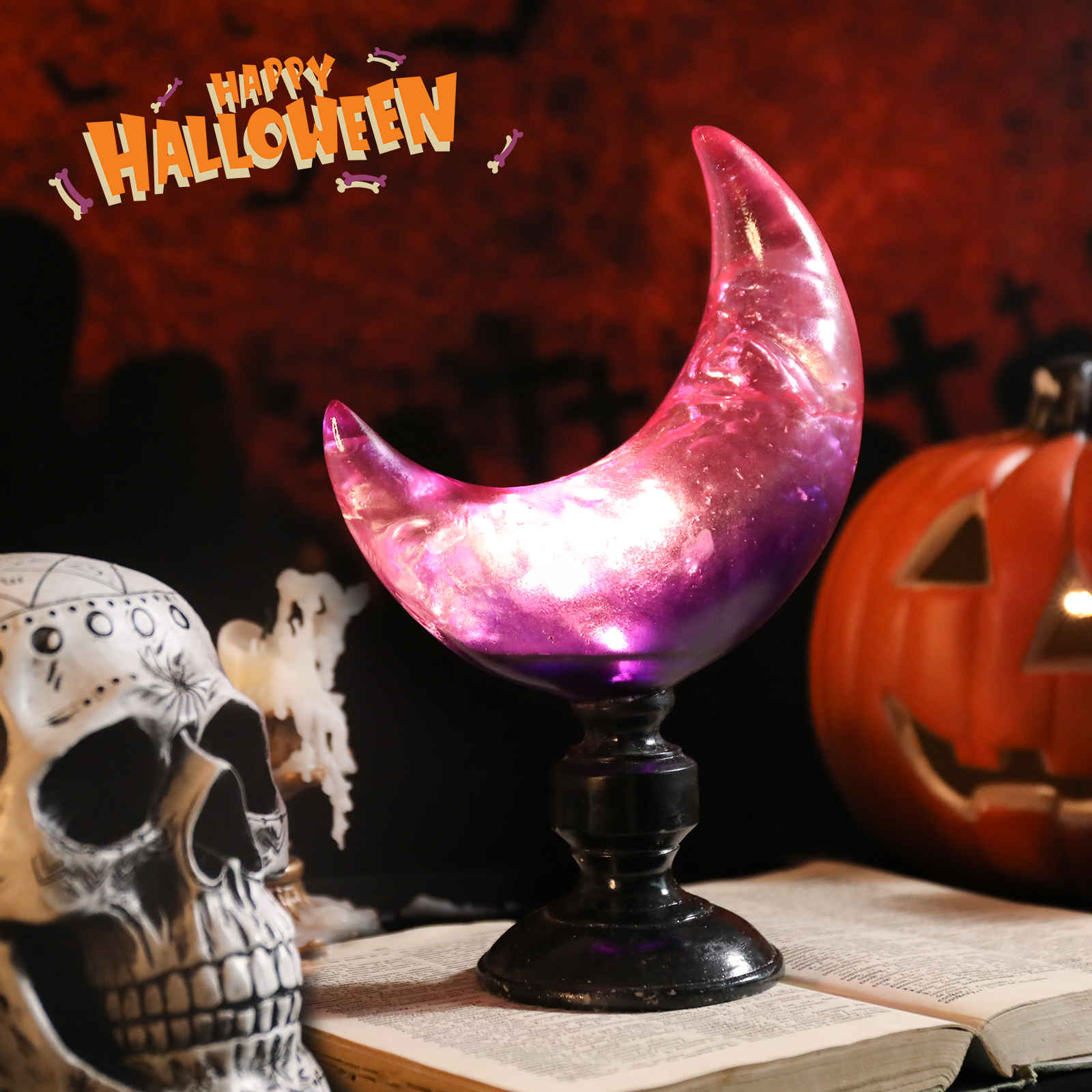 thumbnail video image 2 of Halloween Purple Glass Moon Ornament with LED Lights, Swirled Pattern & Black Pedestal for Halloween Decor,Indoor Table Decor, 2 of 8
