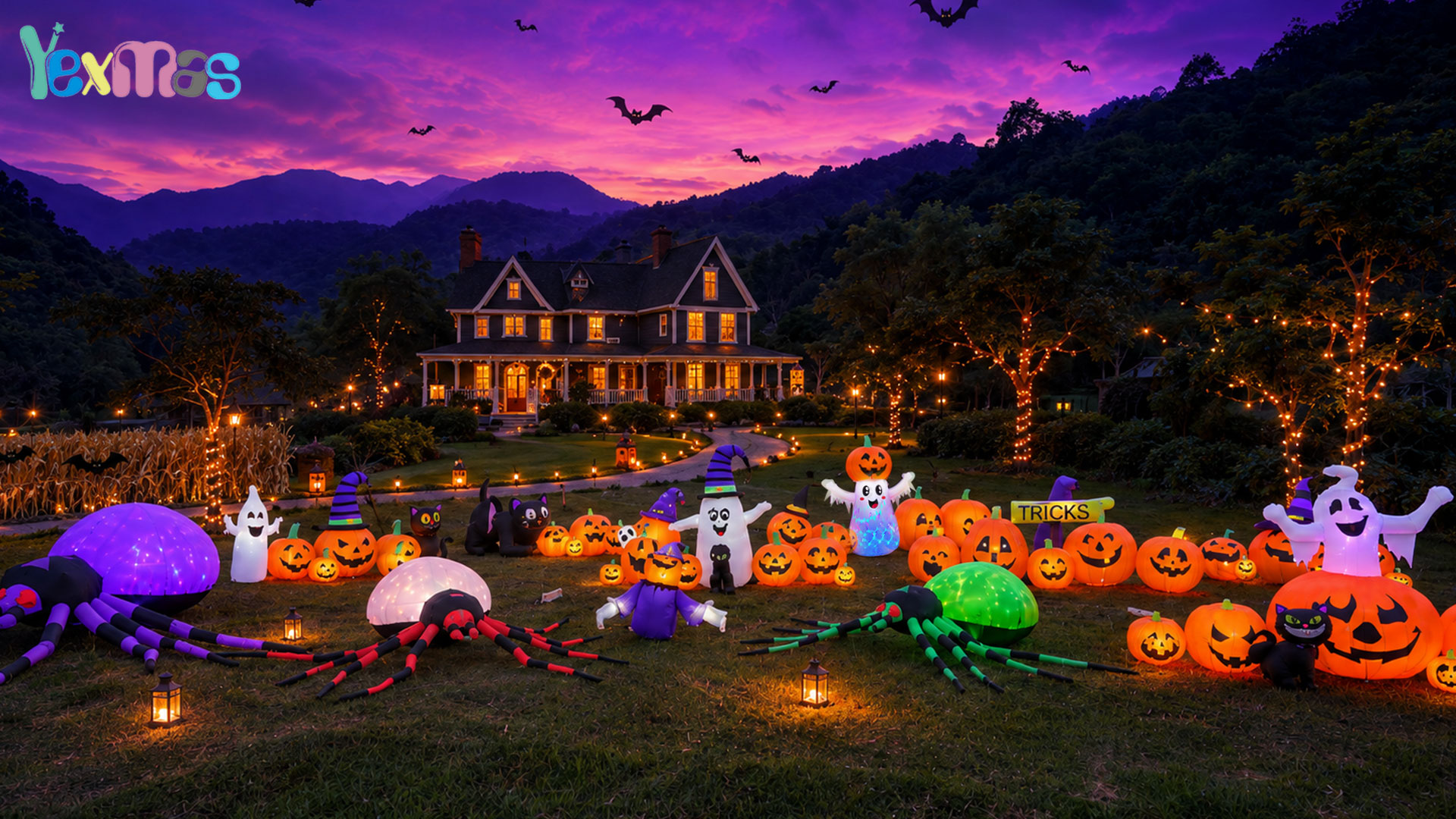 thumbnail video image 2 of Yexmas 10ft Halloween Inflatable Pumpkins Outdoor Decor with Black Cat Tombstone and Spectre,Built-in LED Lights,for Halloween Party,Yard,Garden,Lawn, 2 of 8