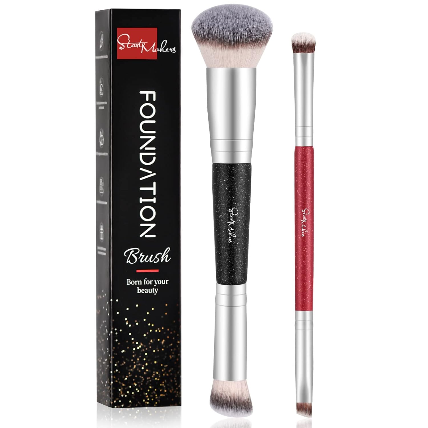 thumbnail video image 2 of DUAIU Professional Double-Headed Makeup Brush Kabuki Foundation Brush Blush Brush Eye Shadow Brush Loose Powder Brush Premium Face Makeup Brushes Beauty Tools 2Pcs, 2 of 7