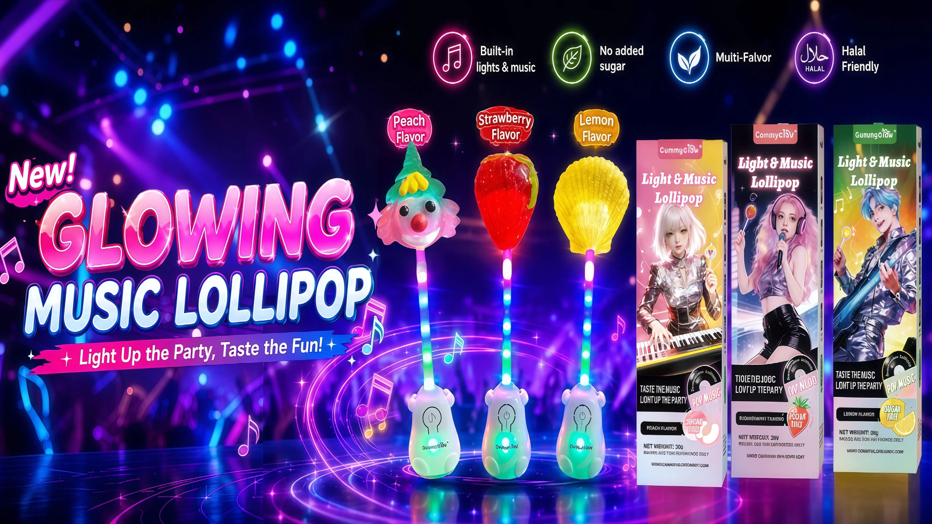 thumbnail video image 2 of Gummy Glow Glowing Music Lollipop, Sugar-Free Mixed Fruit Flavor Candy Vegan 2 Counts Strawberry and Peach, 2 of 10