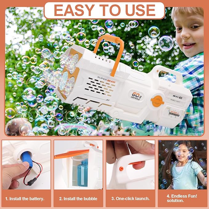thumbnail video image 2 of Bubble Machines -Automatic Bubble Blower Toys with Lights for Age 3+ Outdoor Birthday Gifts-Orange, 2 of 8