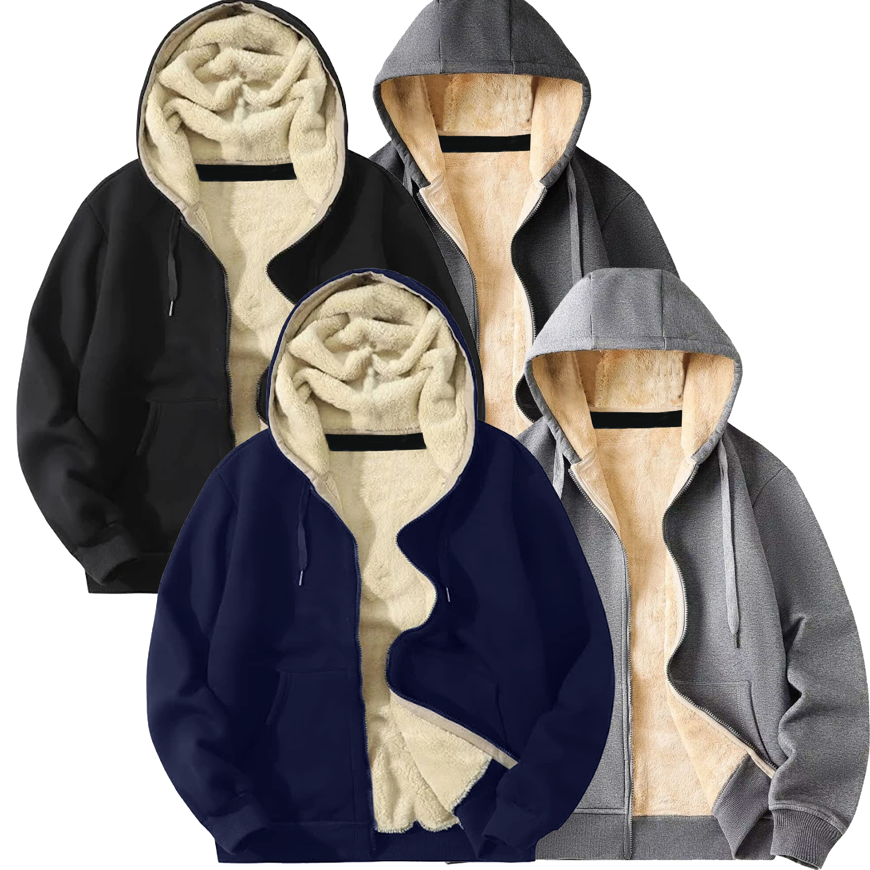 thumbnail video image 2 of 3-Pack Men's Heavyweight Sherpa Fleece-Lined Full Zip Hoodie (M-2XL), 2 of 6