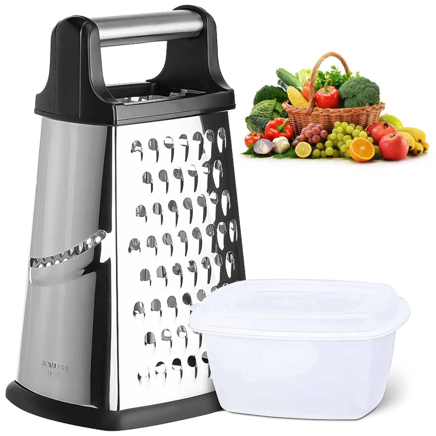 thumbnail video image 2 of AnTom Stainless Steel Box Grater - Versatile Cheese Grater with Container for Kitchen, Perfect for Parmesan, Bread, and Vegetables, 2 of 7